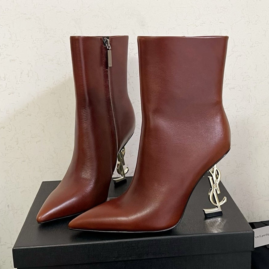 YSL 2025 Logo Metal Heel Ankle Boot Brown Cowhide 575004