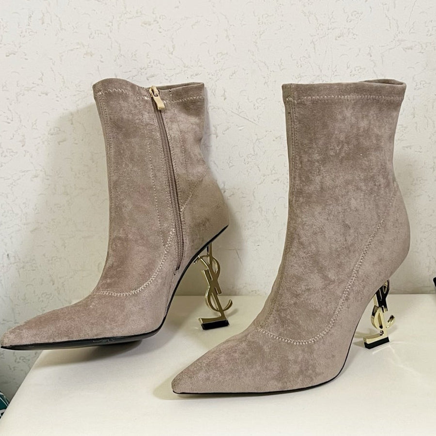 YSL 2025 Opyum 110mm Heel Ankle Boot Beige Suede 575007