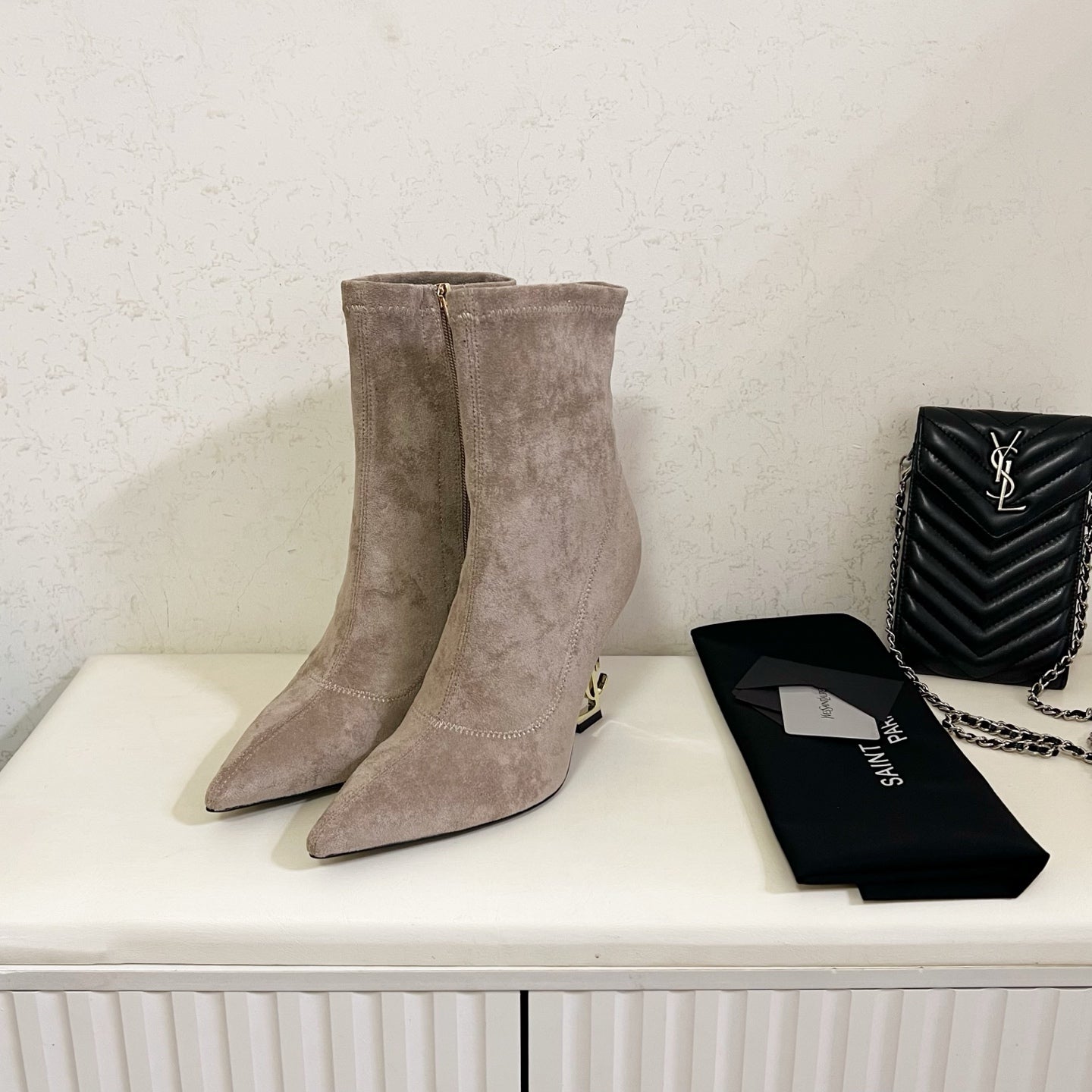 YSL 2025 Opyum 110mm Heel Ankle Boot Beige Suede 575007
