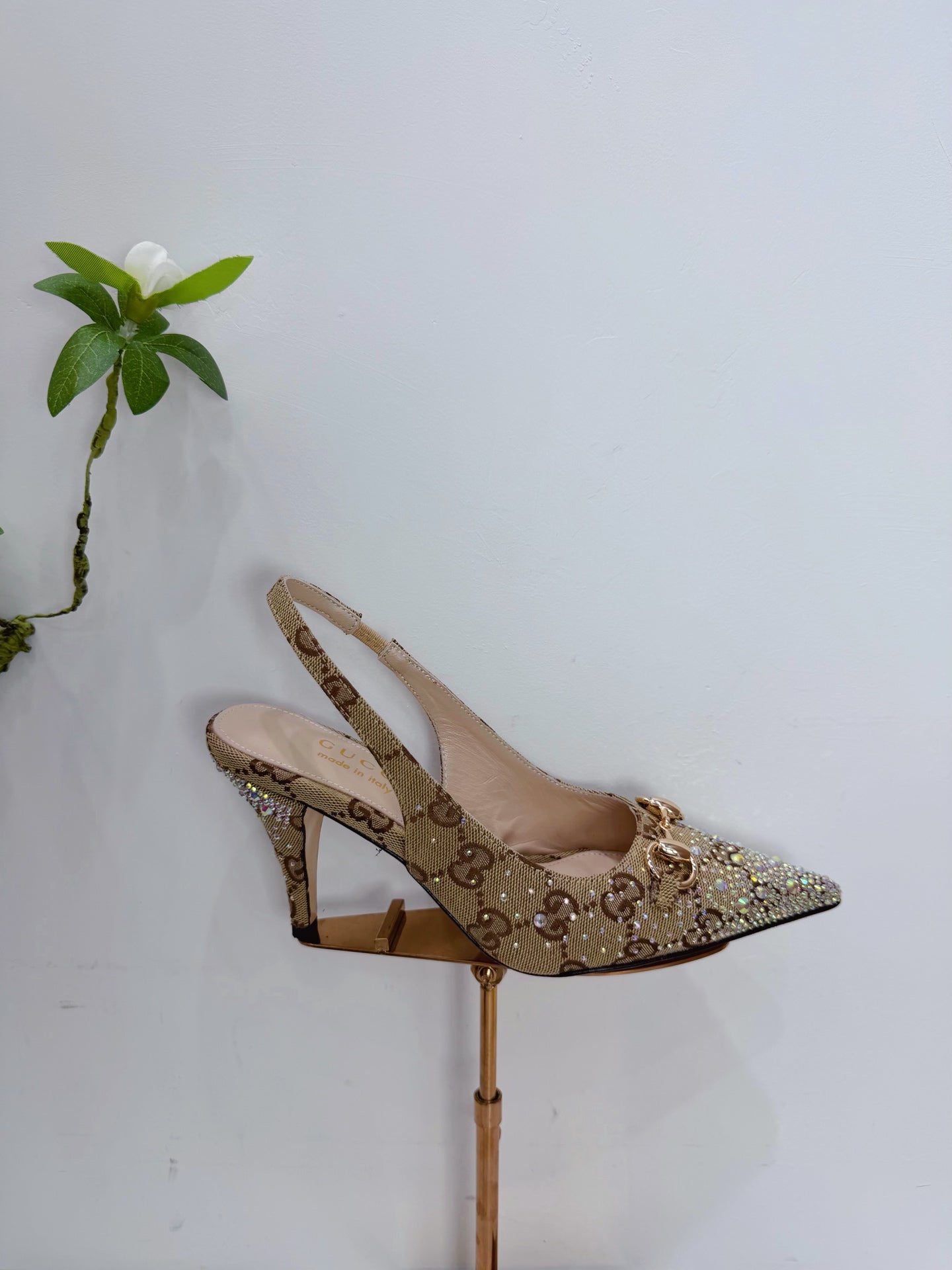 GG 26 Slingback Rhinestones Beige Brown Fabric 592425