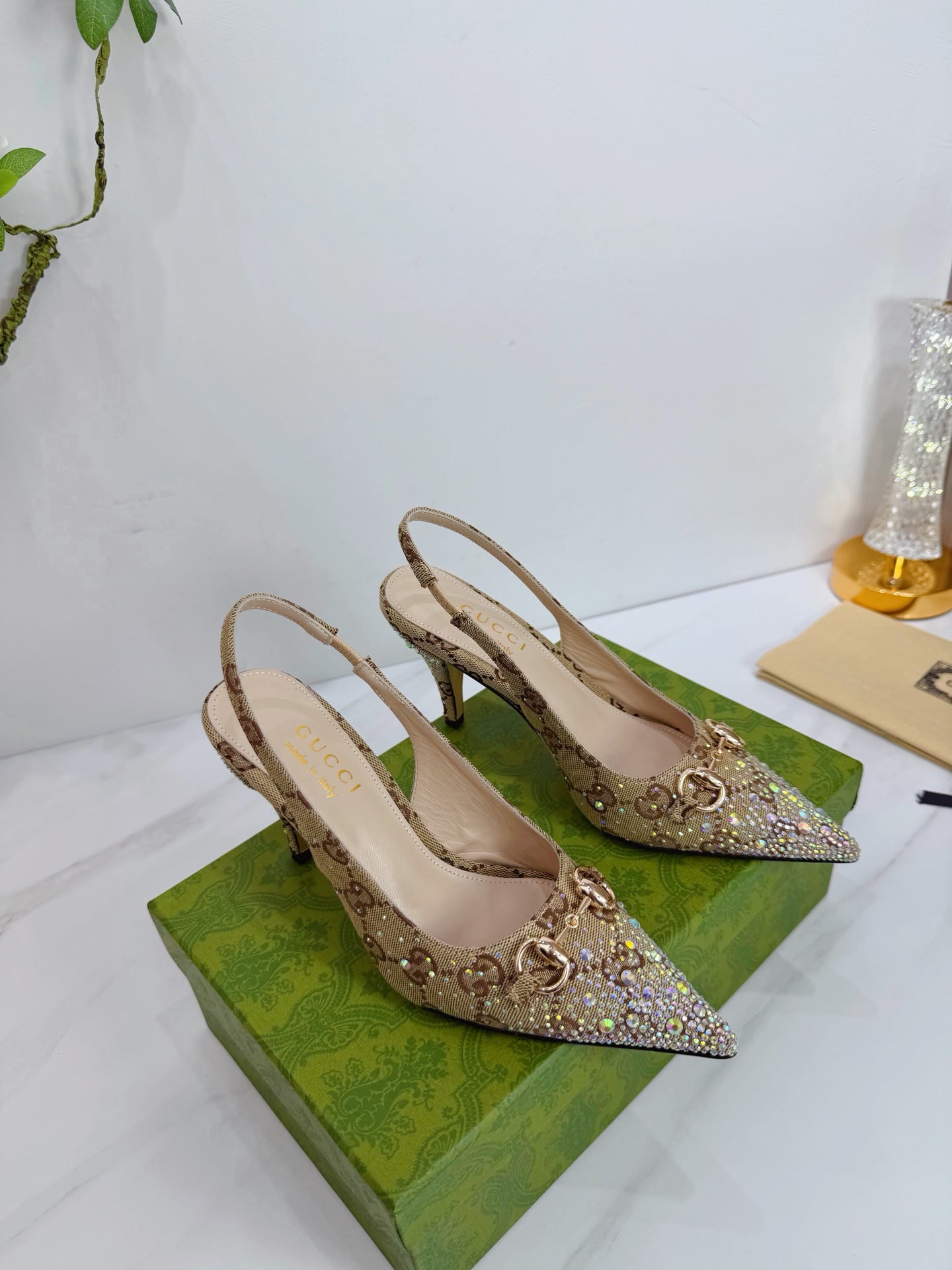 GG 26 Slingback Rhinestones Beige Brown Fabric 592425