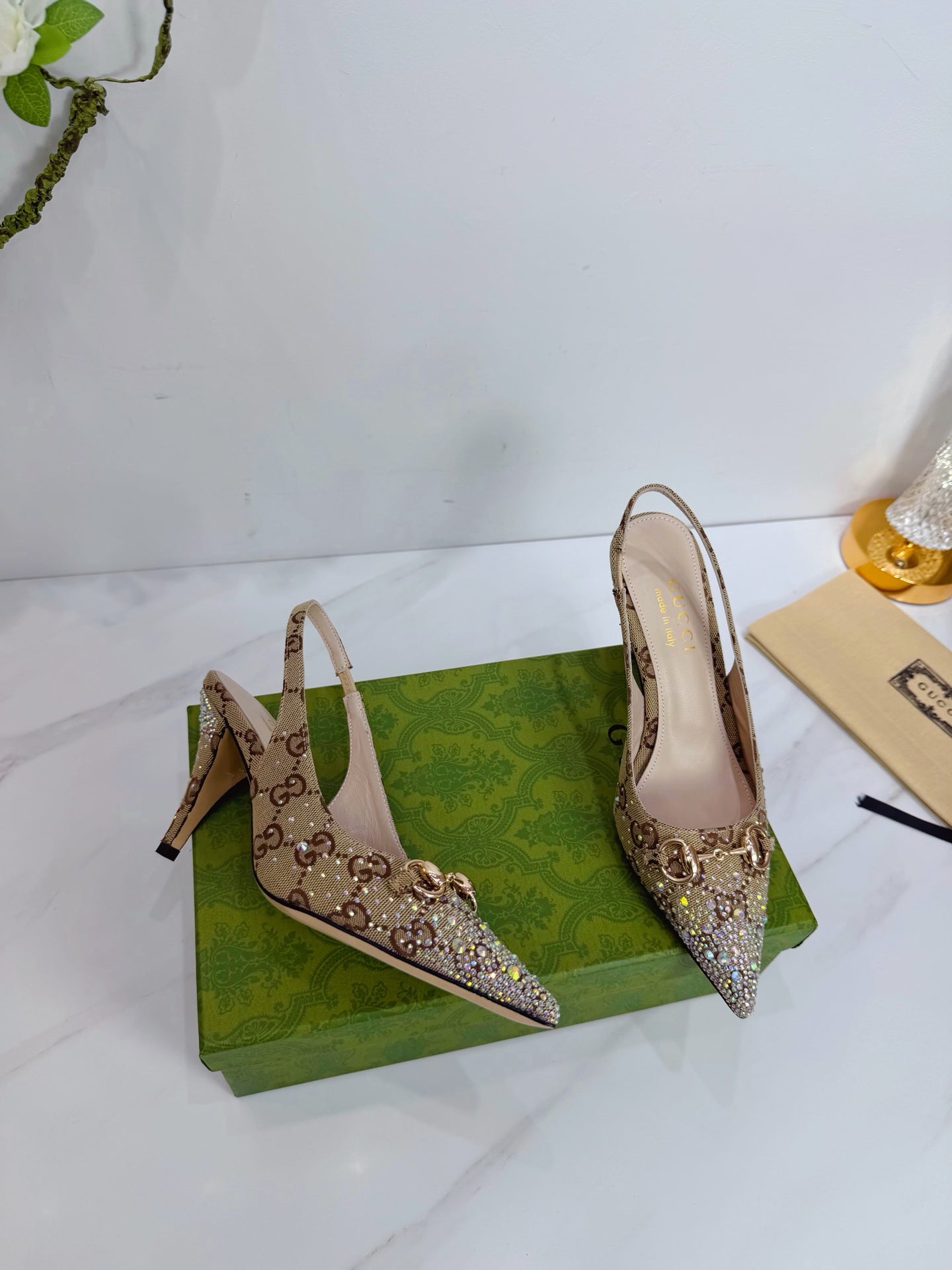 GG 26 Slingback Rhinestones Beige Brown Fabric 592425