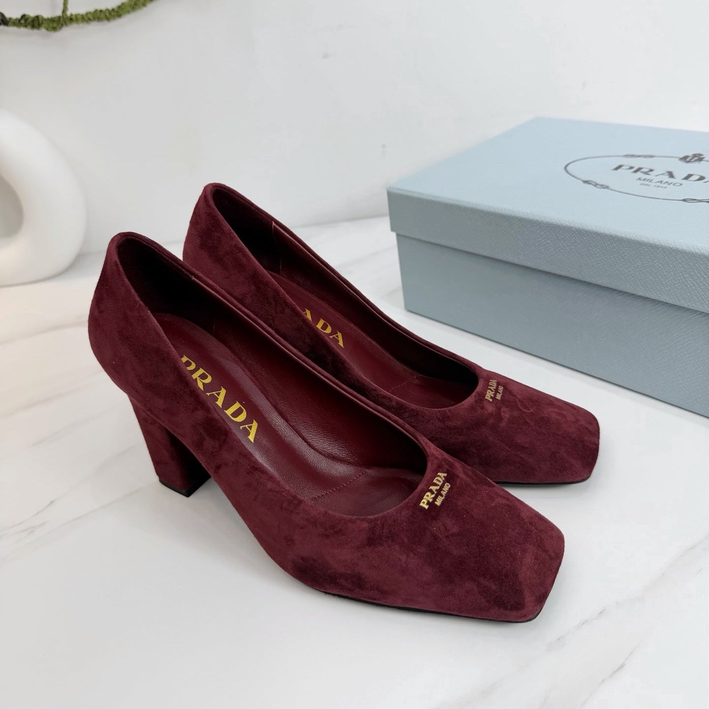 PRA 26SS Square-toe Block Heels  85 Burgundy Suede 592359