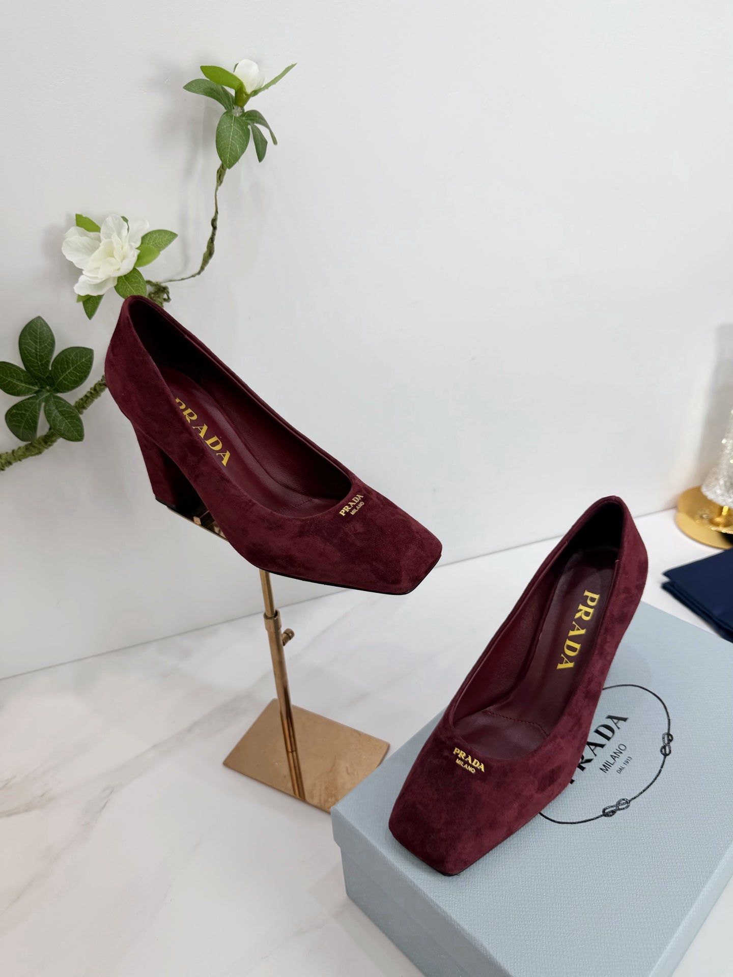 PRA 26SS Square-toe Block Heels  85 Burgundy Suede 592359