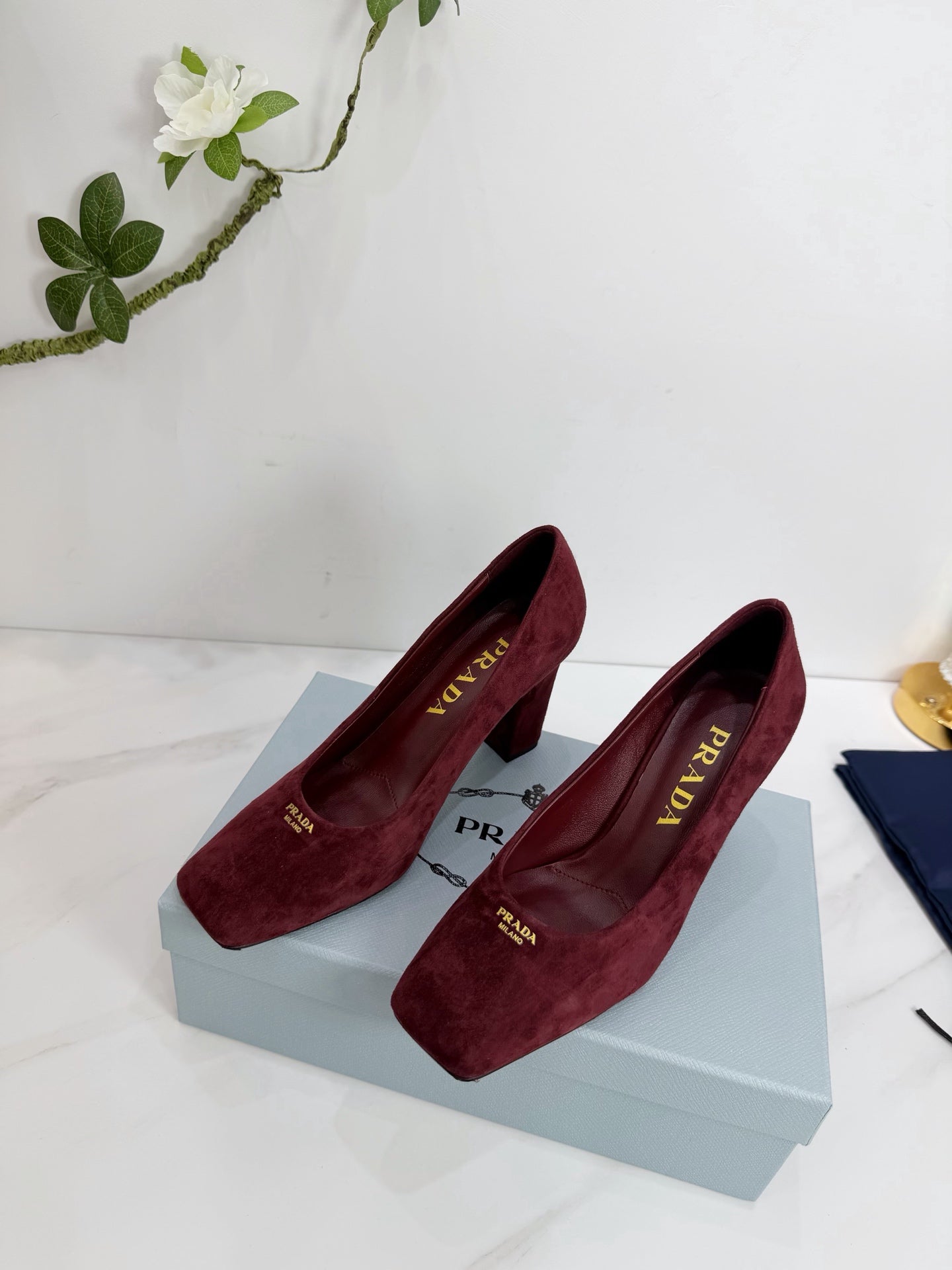 PRA 26SS Square-toe Block Heels  85 Burgundy Suede 592359