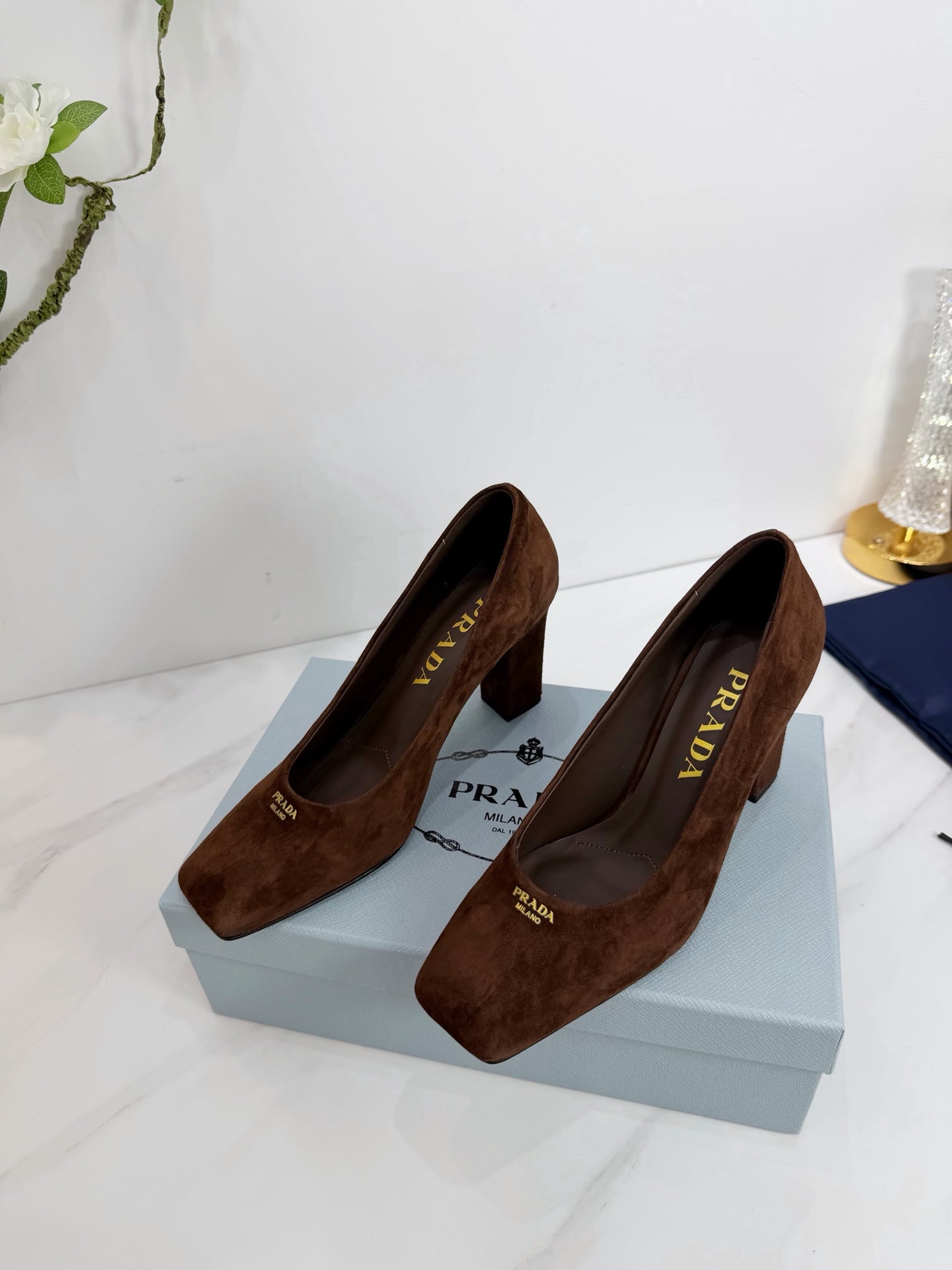 PRA 26SS Square-toe Block Heels  85 Dark Brown Suede 592362