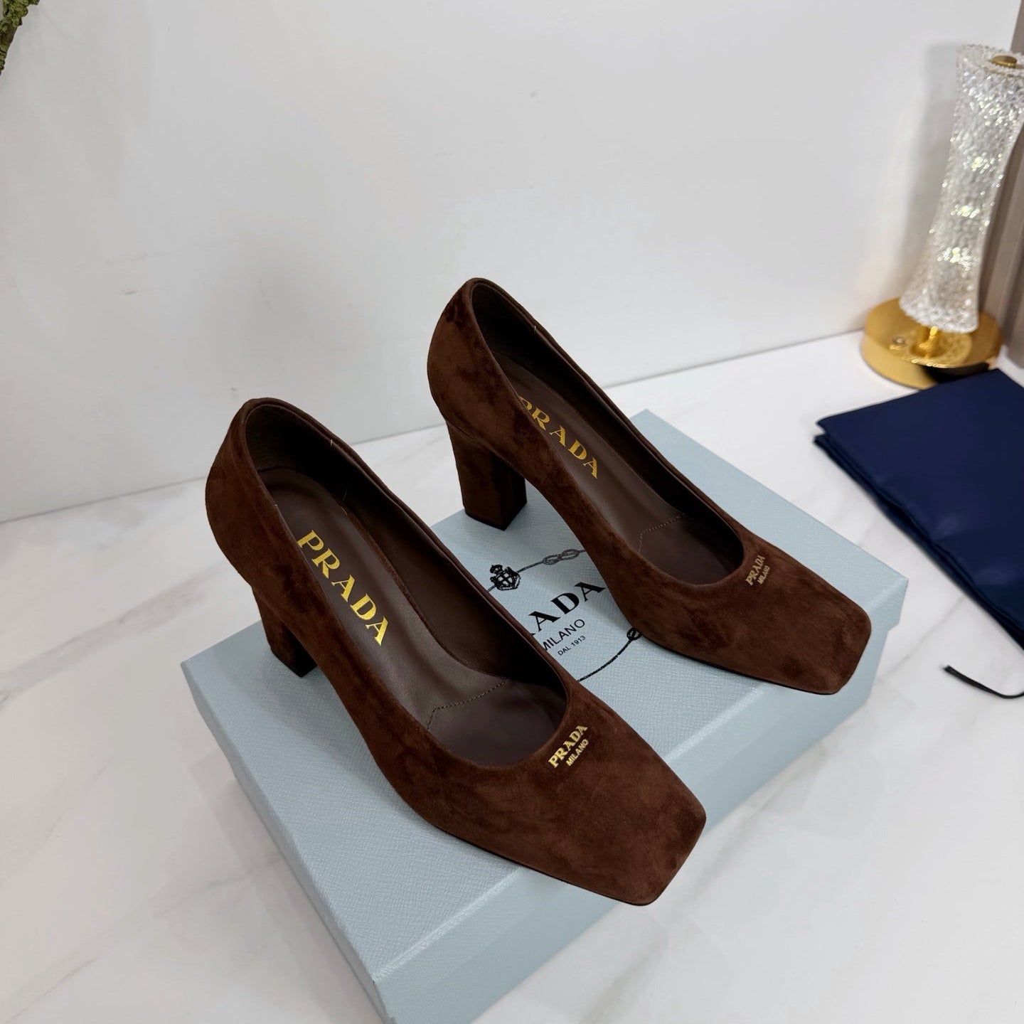 PRA 26SS Square-toe Block Heels  85 Dark Brown Suede 592362