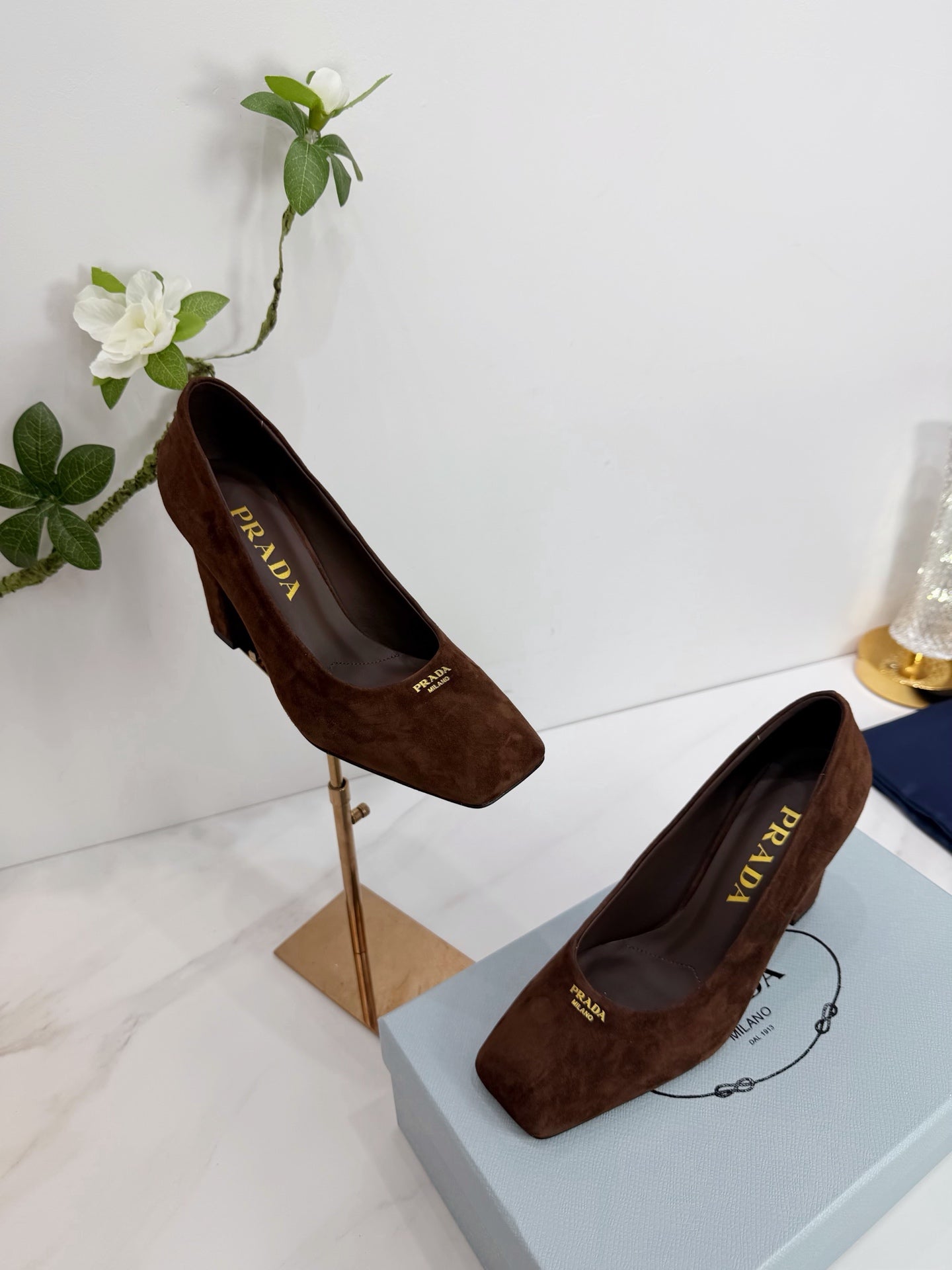 PRA 26SS Square-toe Block Heels  85 Dark Brown Suede 592362