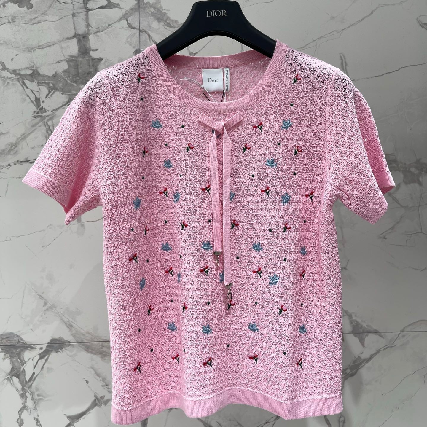 Dior 2026 Embroidered Bow Knit Short-sleeved Top Pink Cotton 714725