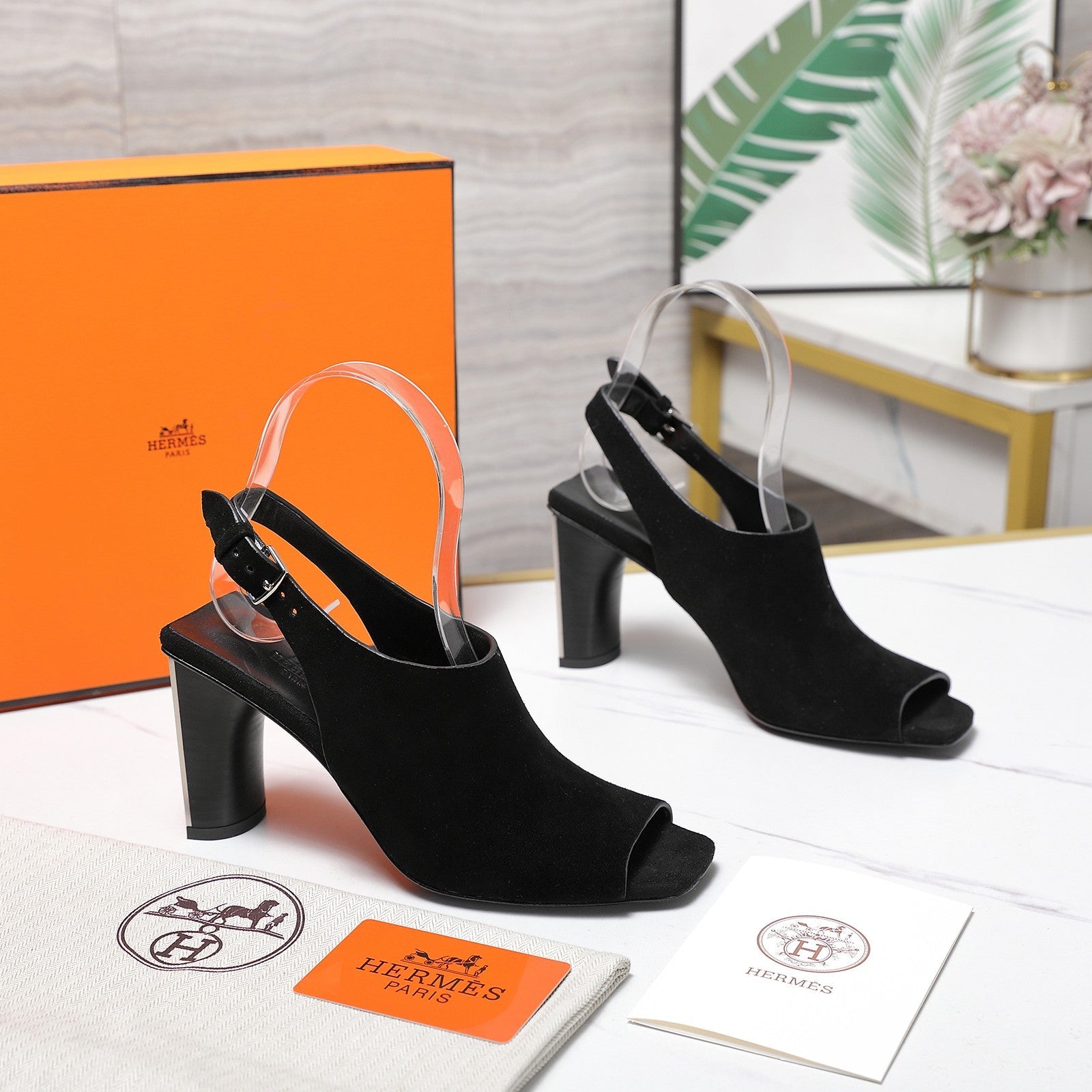 HM 26ss Peep-Toe Sandals 80 Black Suede 601243