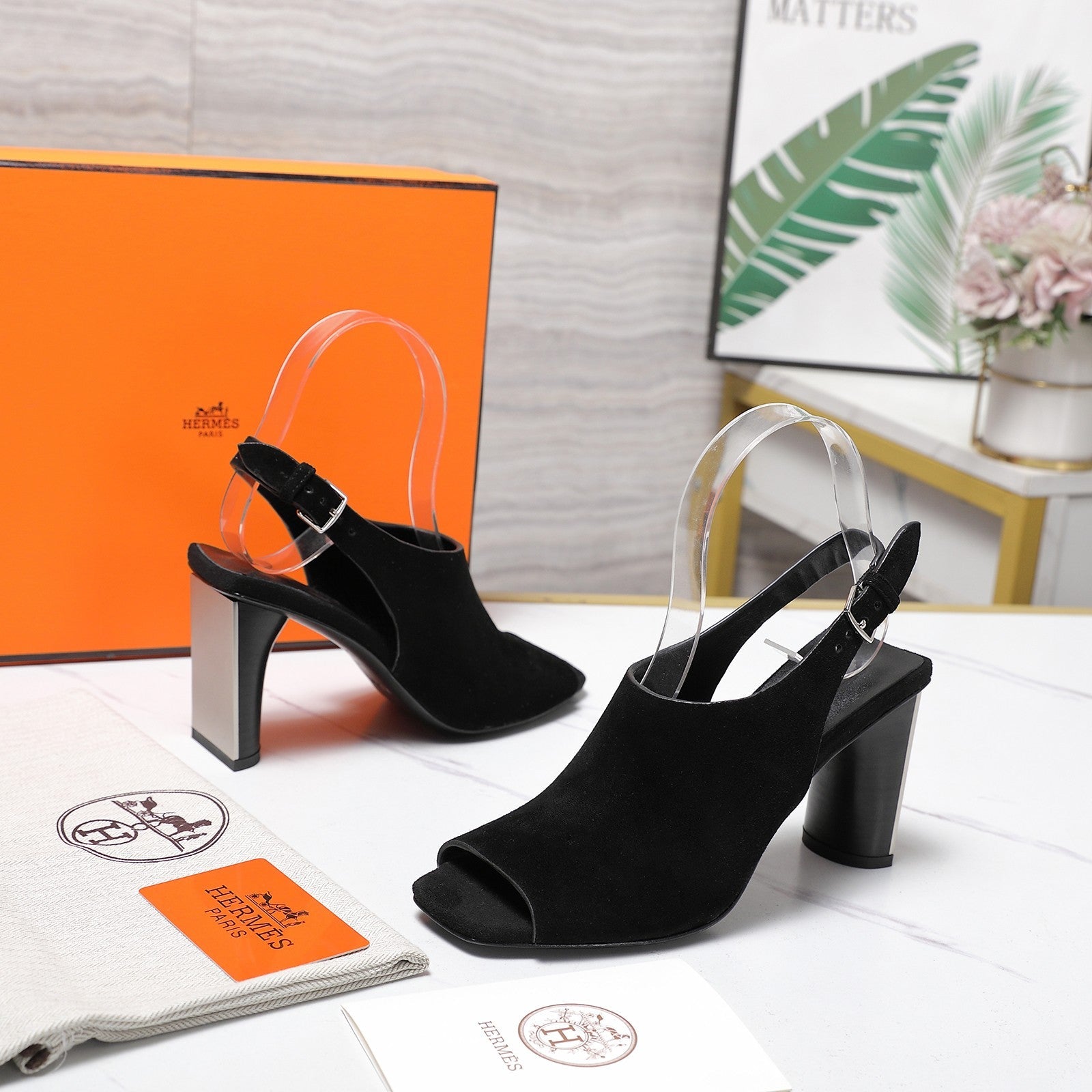 HM 26ss Peep-Toe Sandals 80 Black Suede 601243