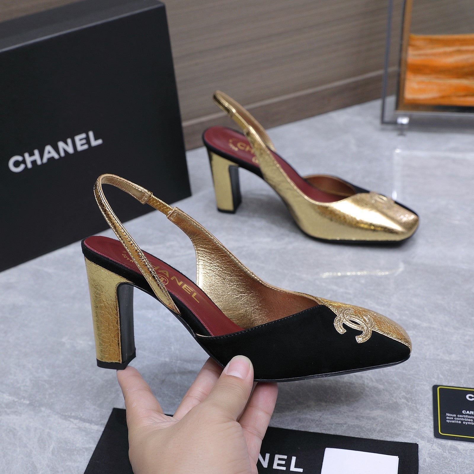 Chanel 2026 High-Heeled Slingback 80mm Black Gold Suede Leather 758409