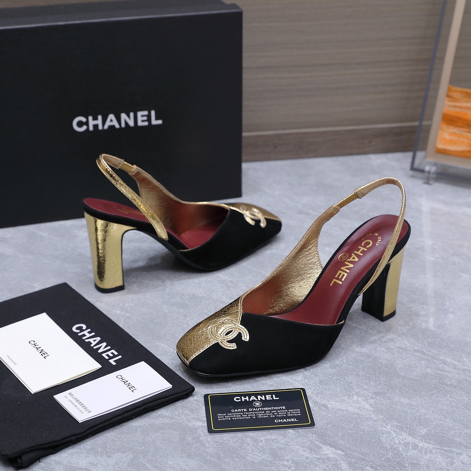 Chanel 2026 High-Heeled Slingback 80mm Black Gold Suede Leather 758409