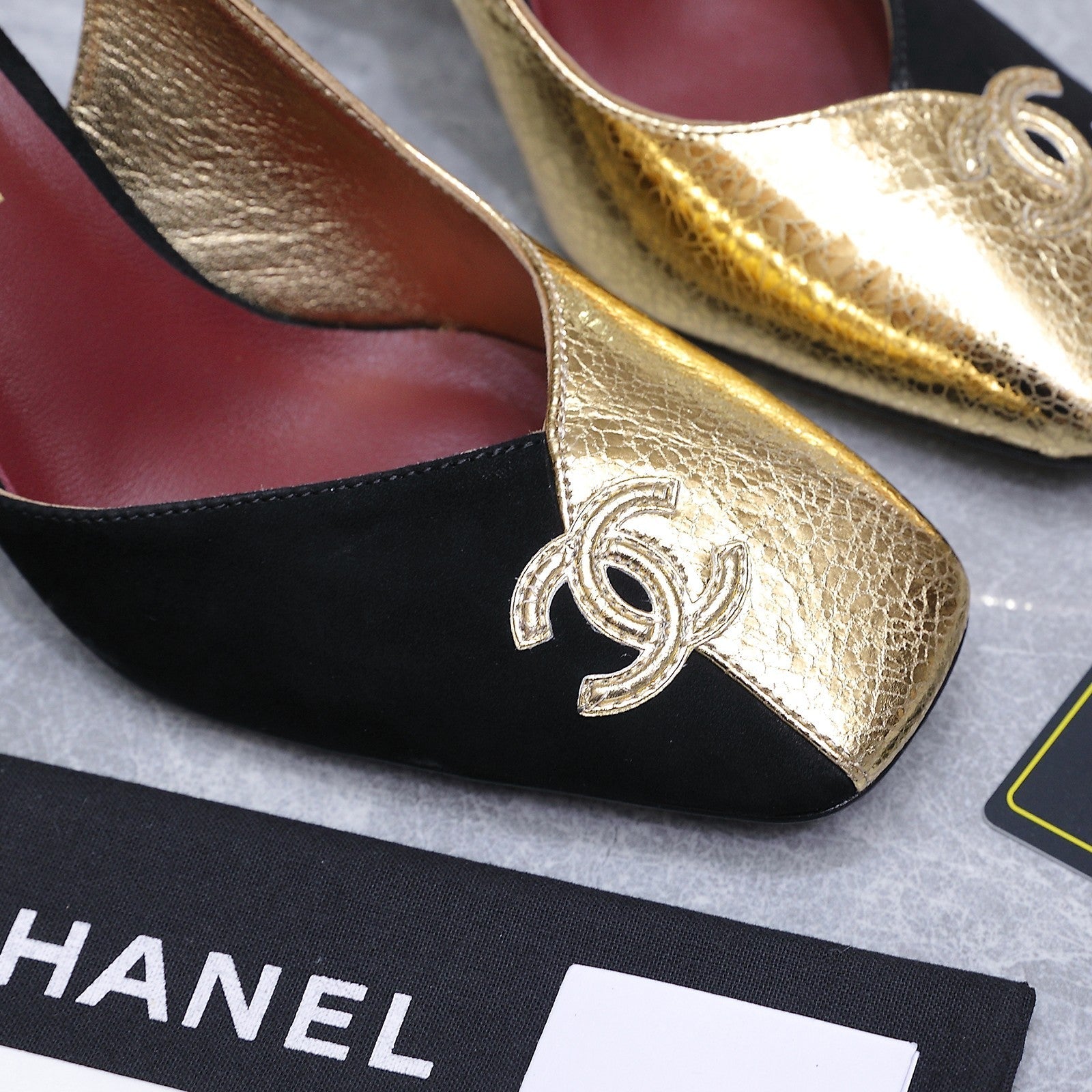 Chanel 2026 High-Heeled Slingback 80mm Black Gold Suede Leather 758409