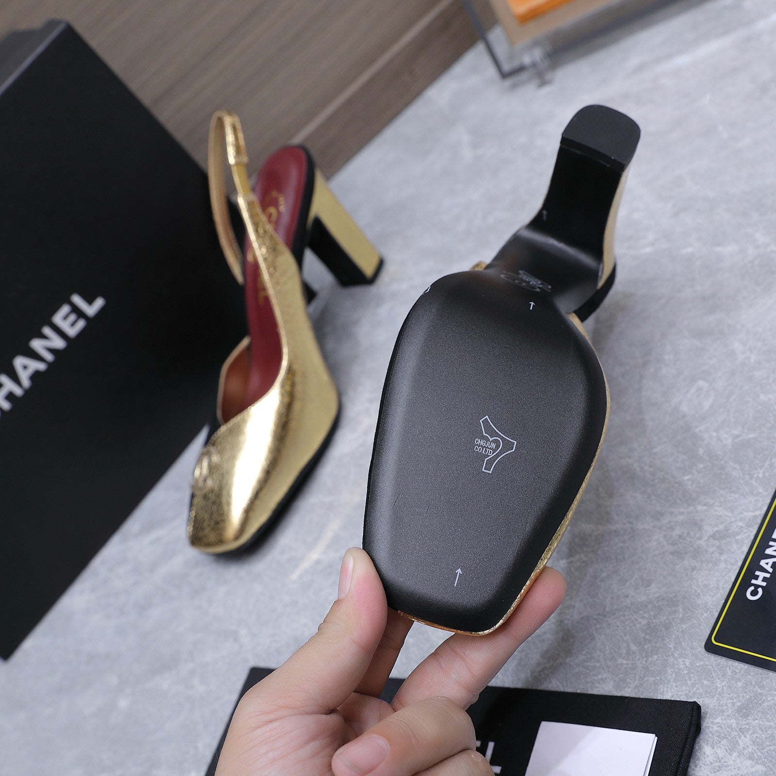 Chanel 2026 High-Heeled Slingback 80mm Black Gold Suede Leather 758409