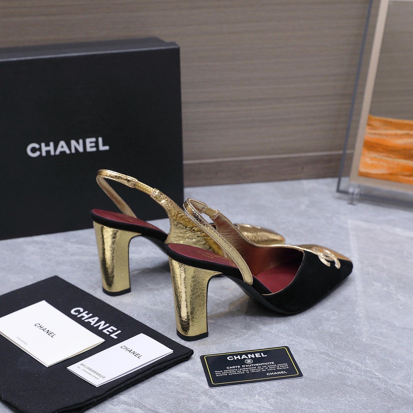 Chanel 2026 High-Heeled Slingback 80mm Black Gold Suede Leather 758409