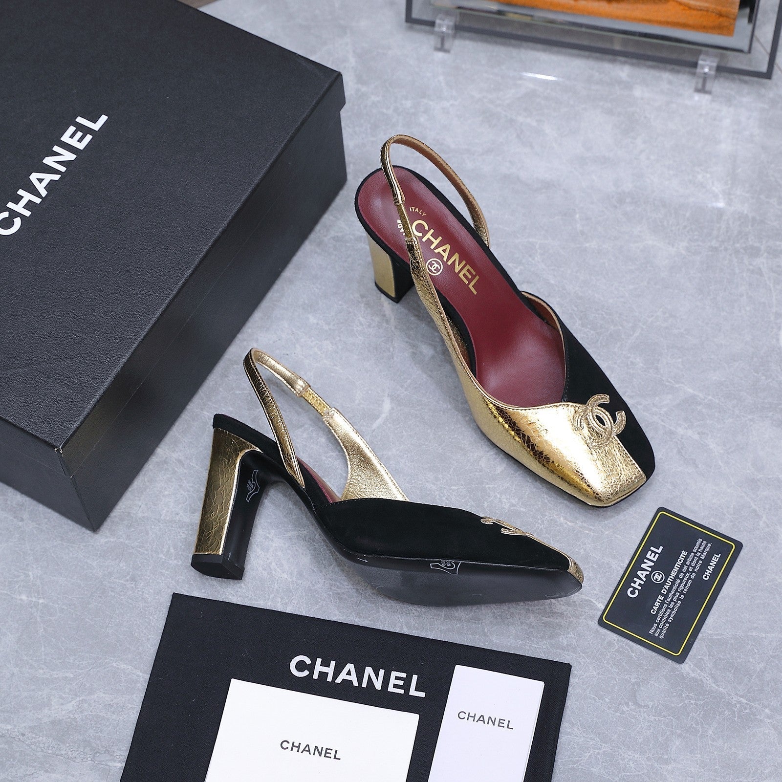 Chanel 2026 High-Heeled Slingback 80mm Black Gold Suede Leather 758409