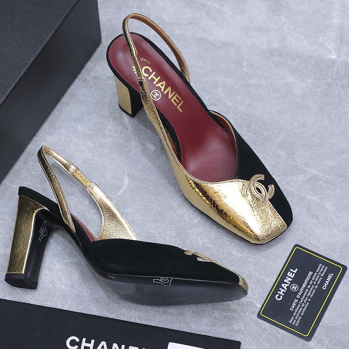Chanel 2026 High-Heeled Slingback 80mm Black Gold Suede Leather 758409