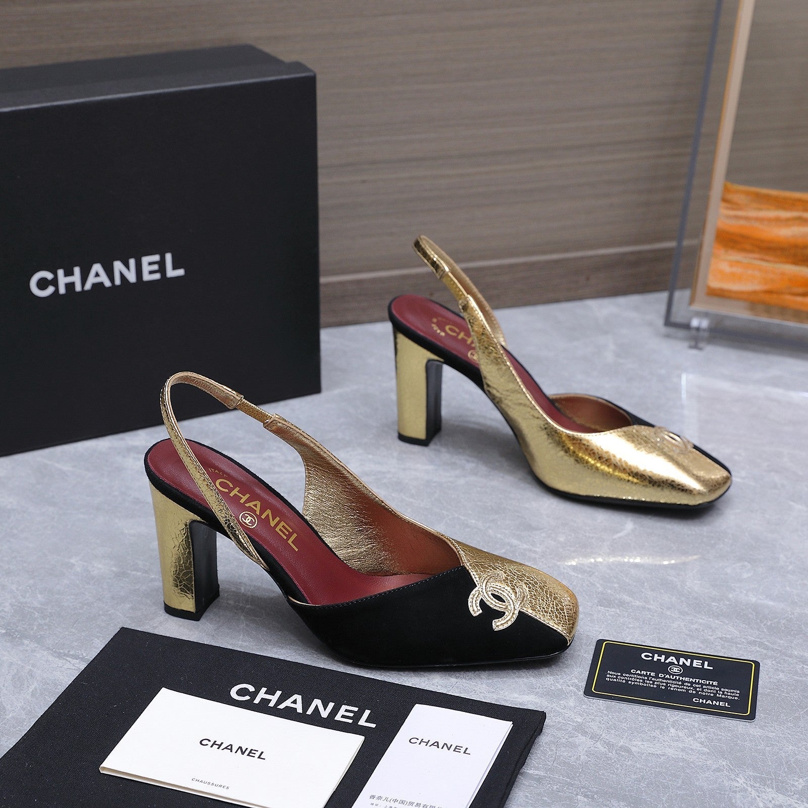 Chanel 2026 High-Heeled Slingback 80mm Black Gold Suede Leather 758409