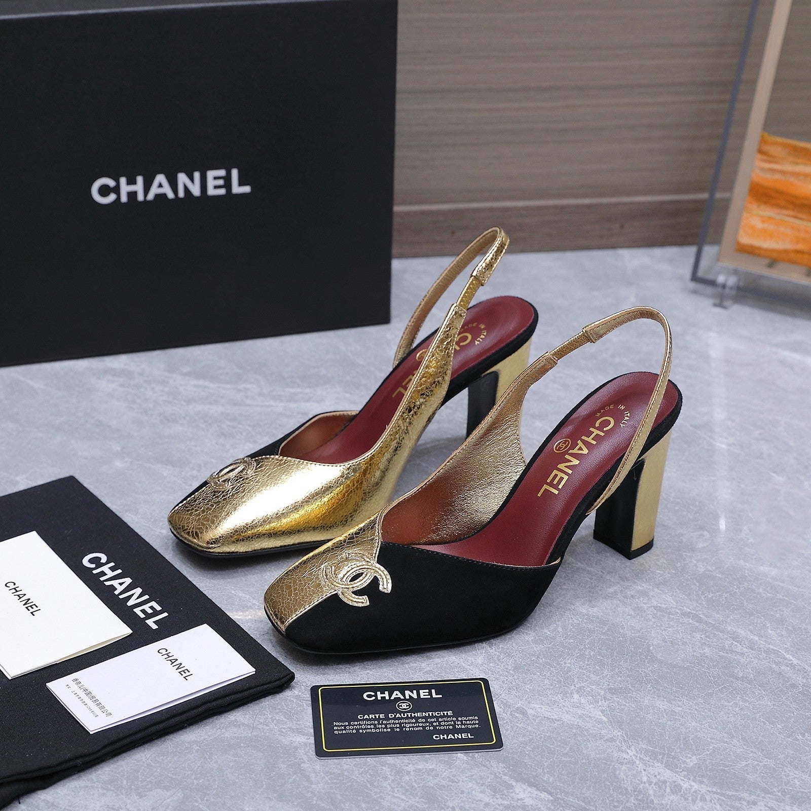 Chanel 2026 High-Heeled Slingback 80mm Black Gold Suede Leather 758409