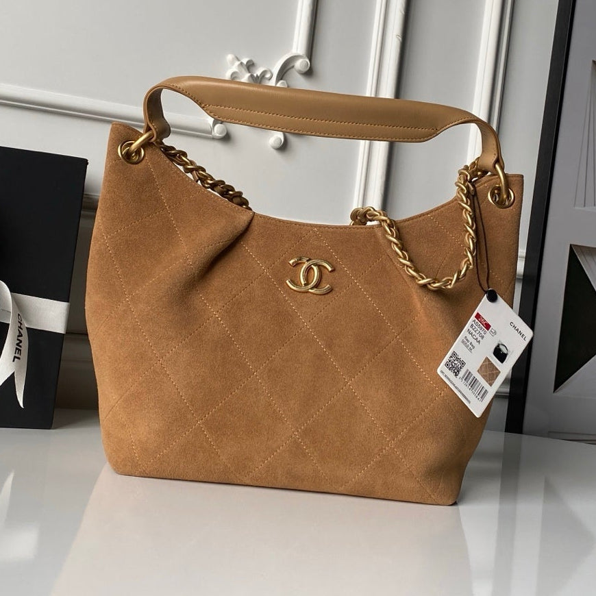 Chanel 2025 Hobo Bag 31cm Tan Suede With Gold Hardware 320287