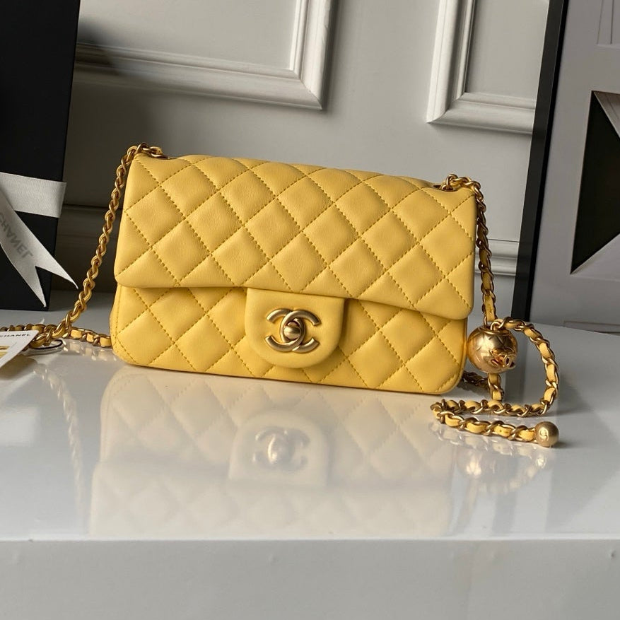 Chanel 25 Rectangular Pearl Crush Bag 20cm Yellow Lambskin 324811