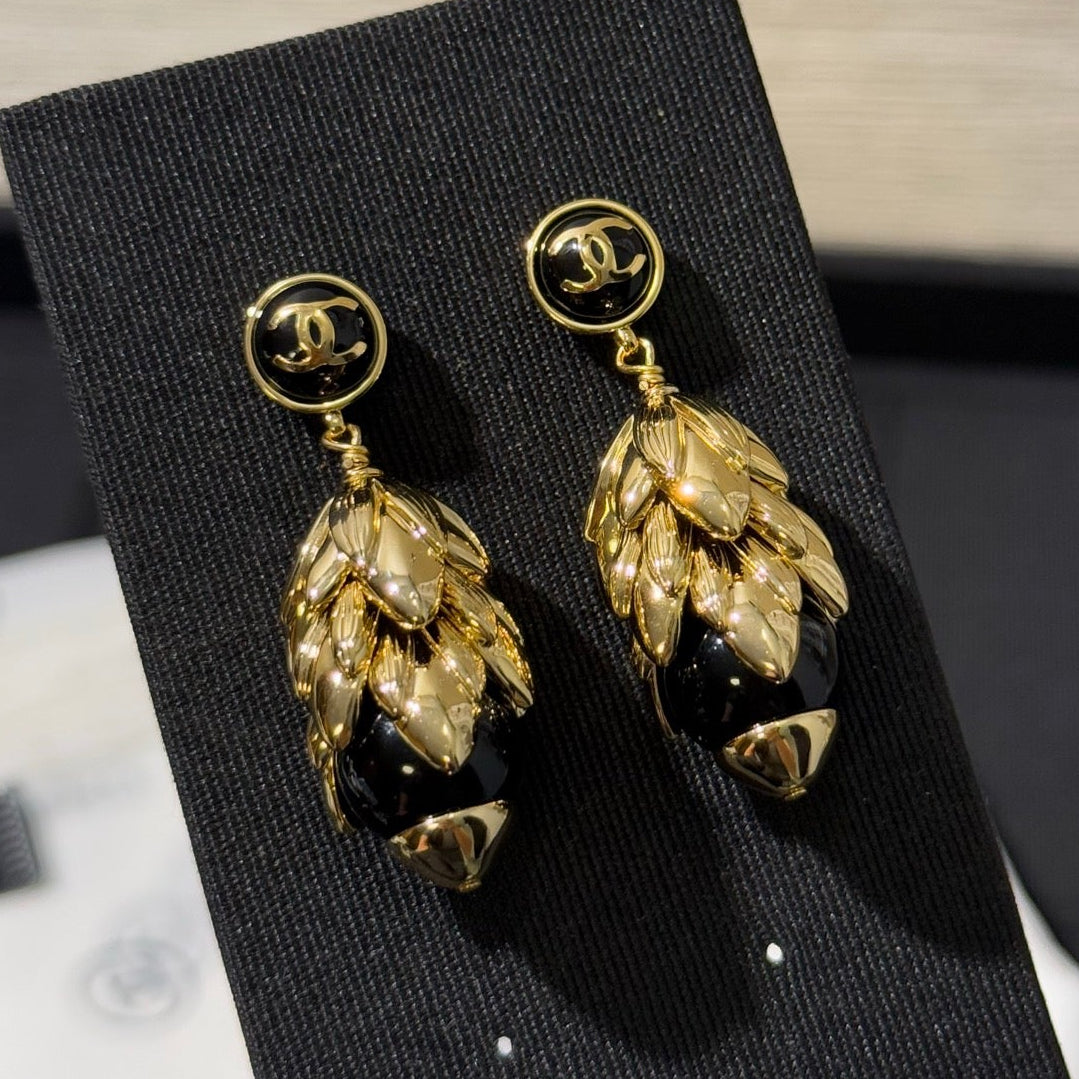 Chanel 2026 Black Gold Enamel Wheat Earrings with Double C Design