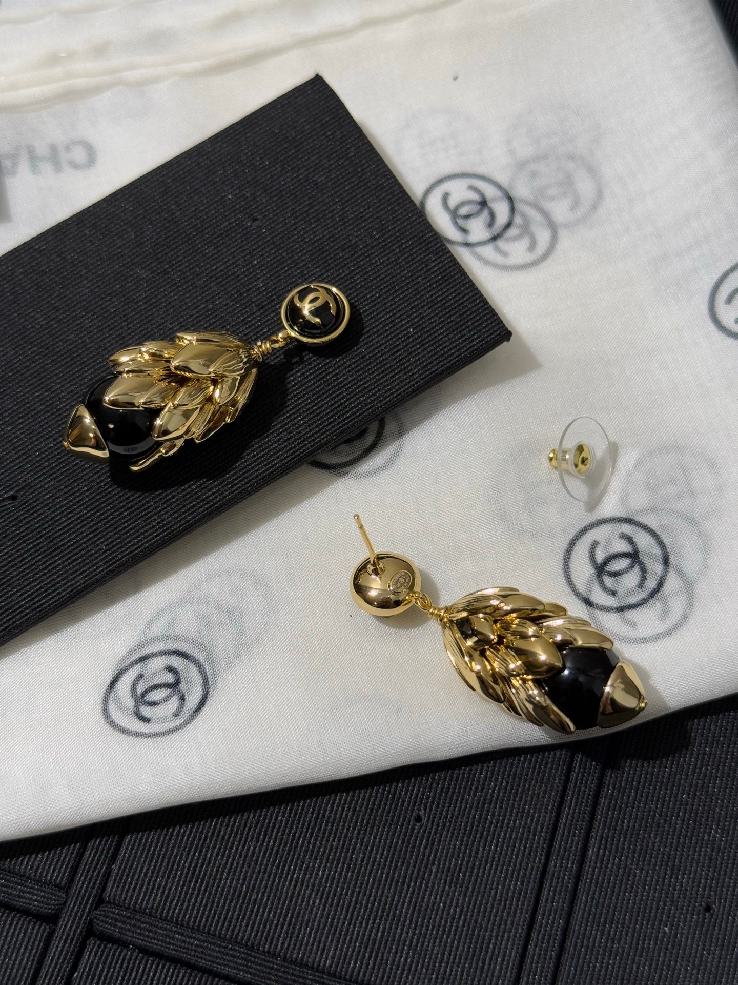 Chanel 2026 Black Gold Enamel Wheat Earrings with Double C Design