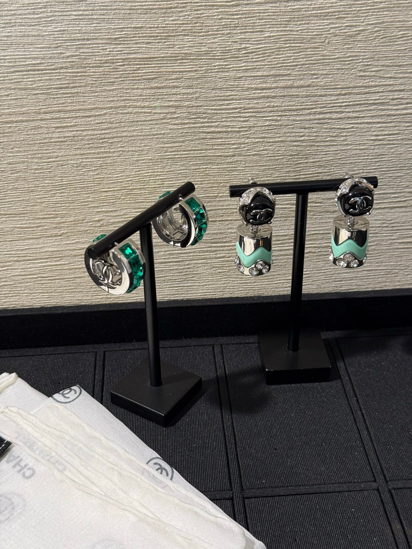Chanel 2026 Emerald Square Diamond Silver Double C Hoop Earrings Stud Earrings