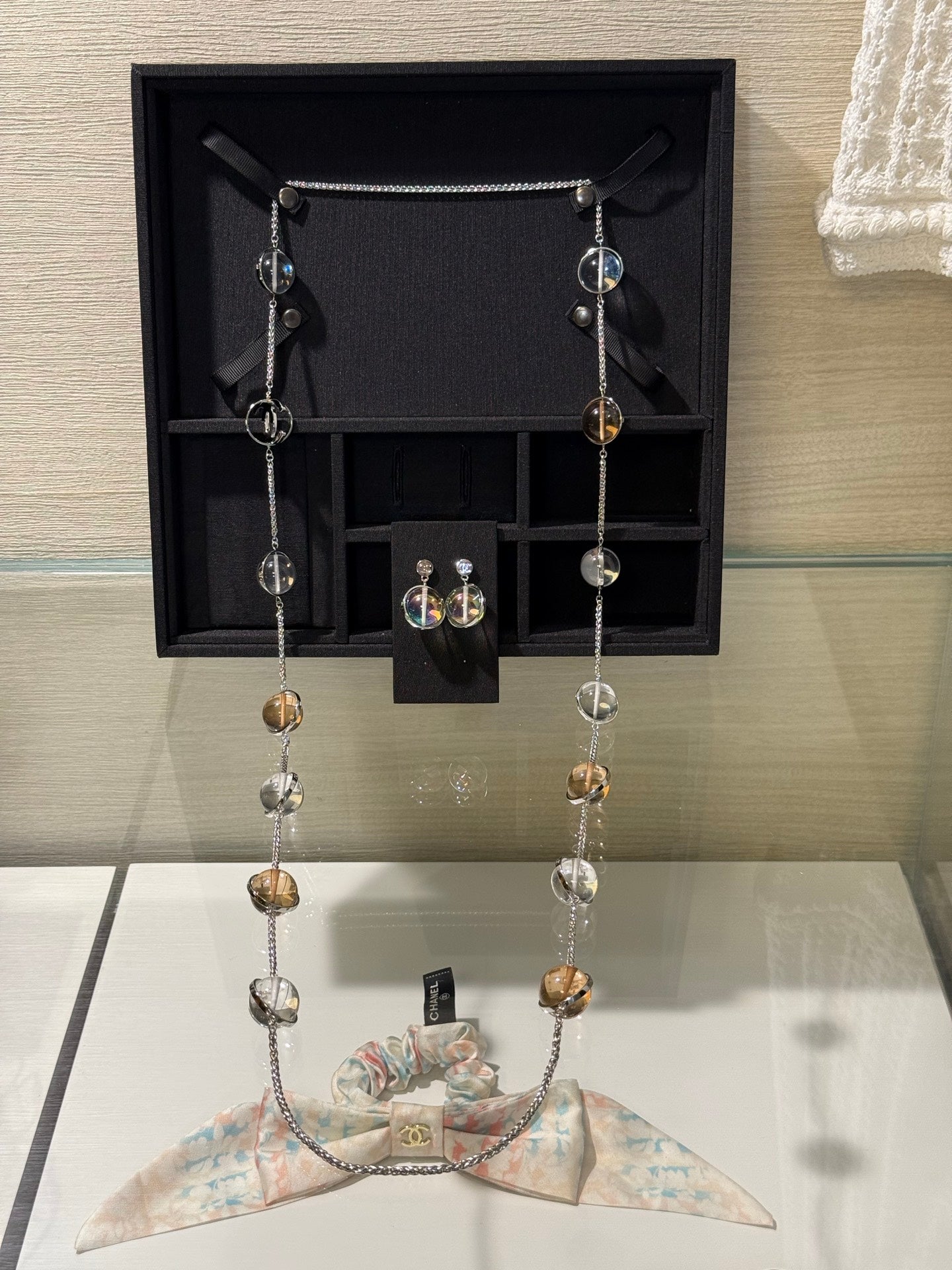 Chanel 2026 Transparent Crystal Ball Planet Silver Double C Long Necklace