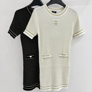 Chanel 2026 Knitted Short-Sleeve Dress Off-white and Black Tencel Nylon