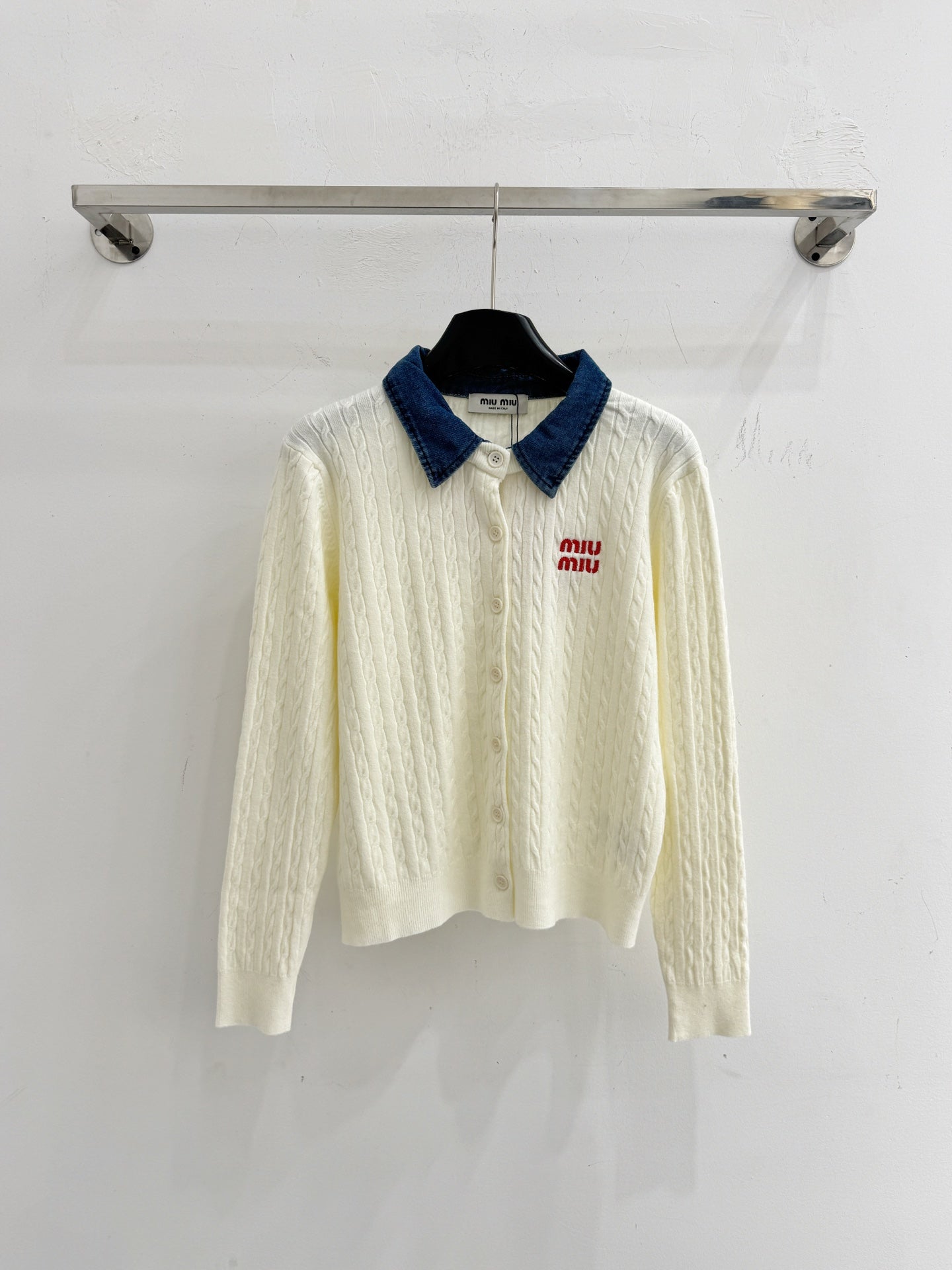 Miumiu 2026 Denim Collar Patchwork Cable Knit Cardigan Wool 794380