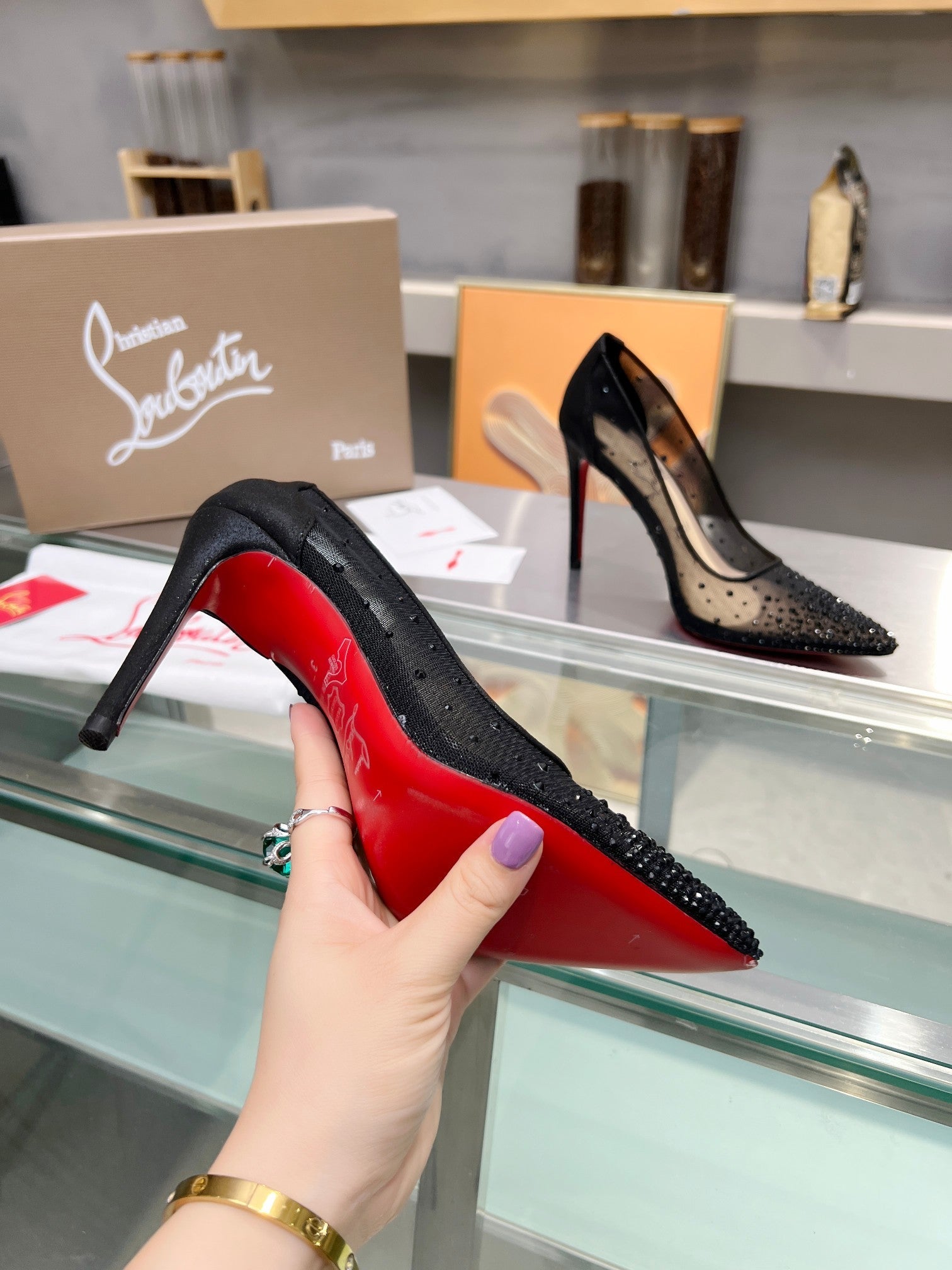 Cl Follies Strass 105mm Pumps Net Suede Calf And Strass Black