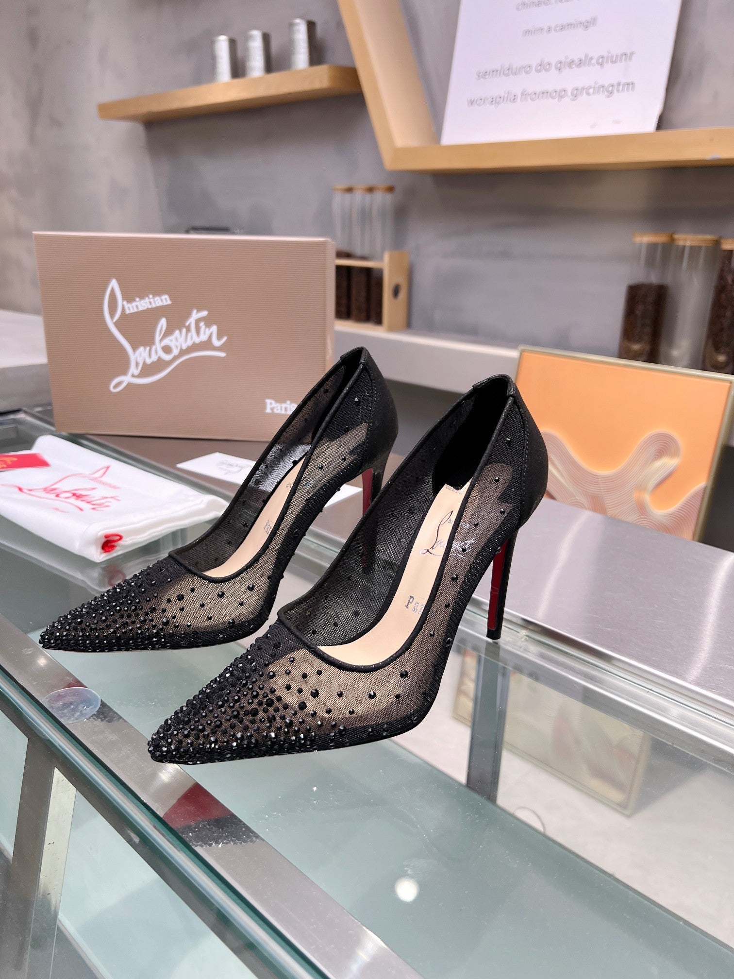 Cl Follies Strass 105mm Pumps Net Suede Calf And Strass Black