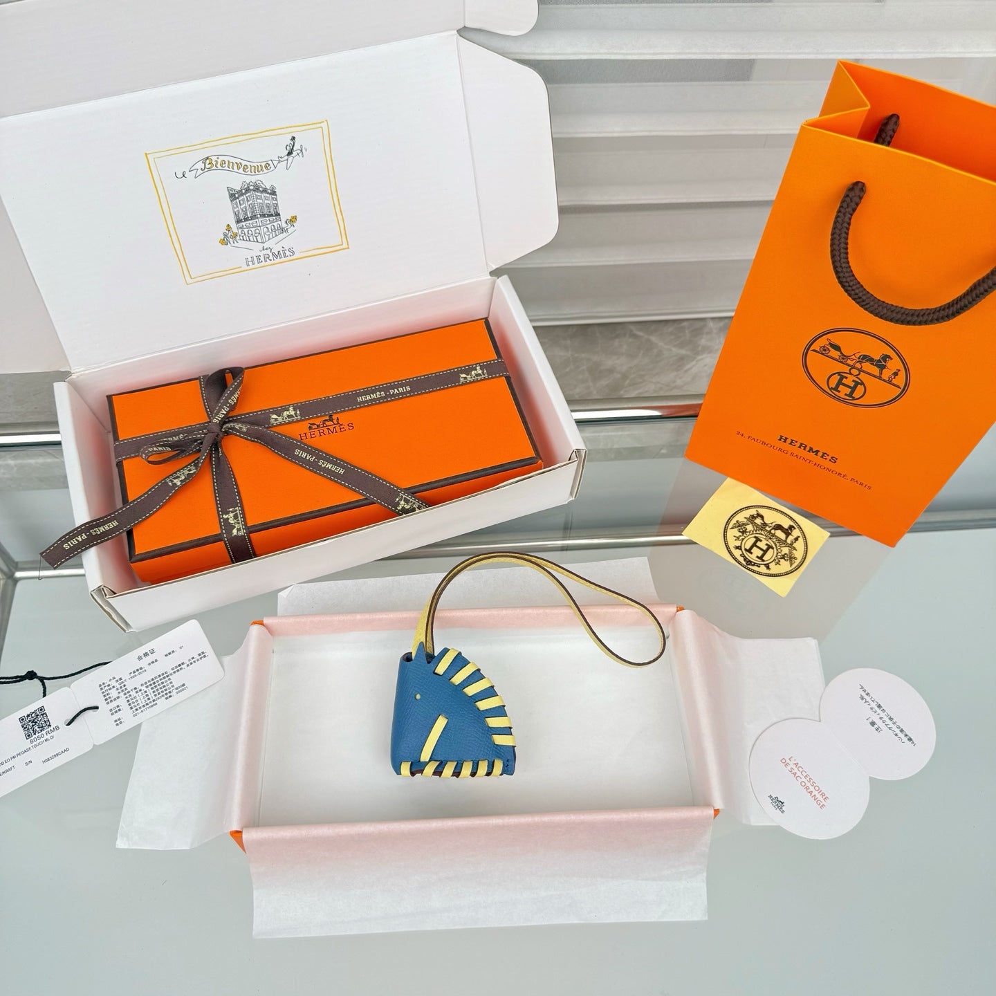 HM Horse Head Charm Blue Yellow Calfskin