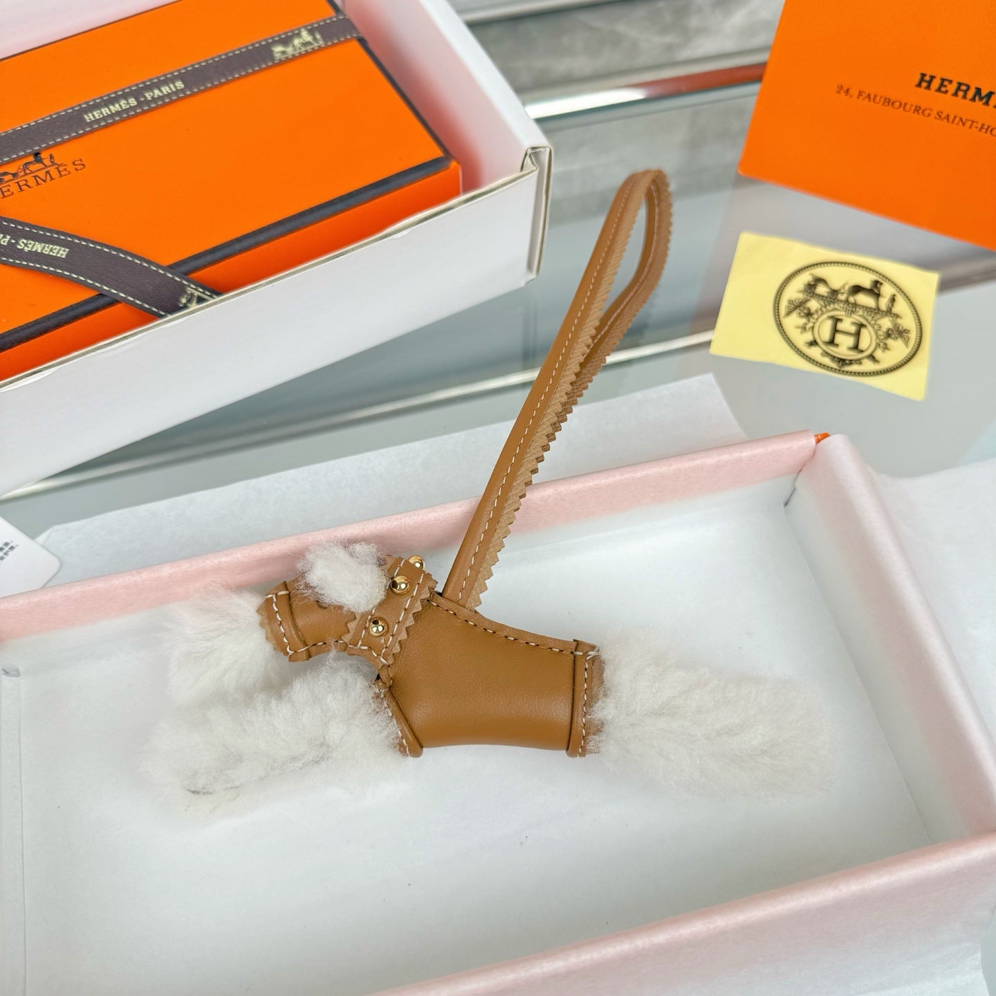 HM Budy Puppy Pendant Charm White Brown Wool Cowhide