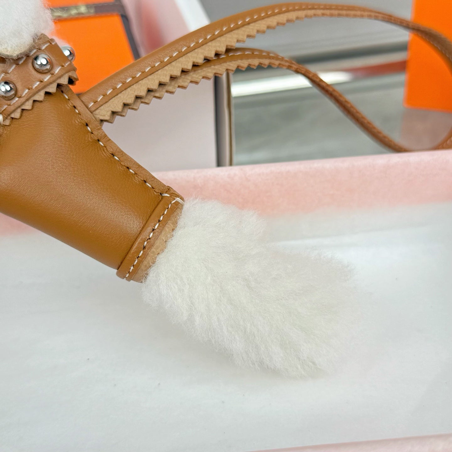 HM Budy Puppy Pendant Charm White Brown Wool Cowhide