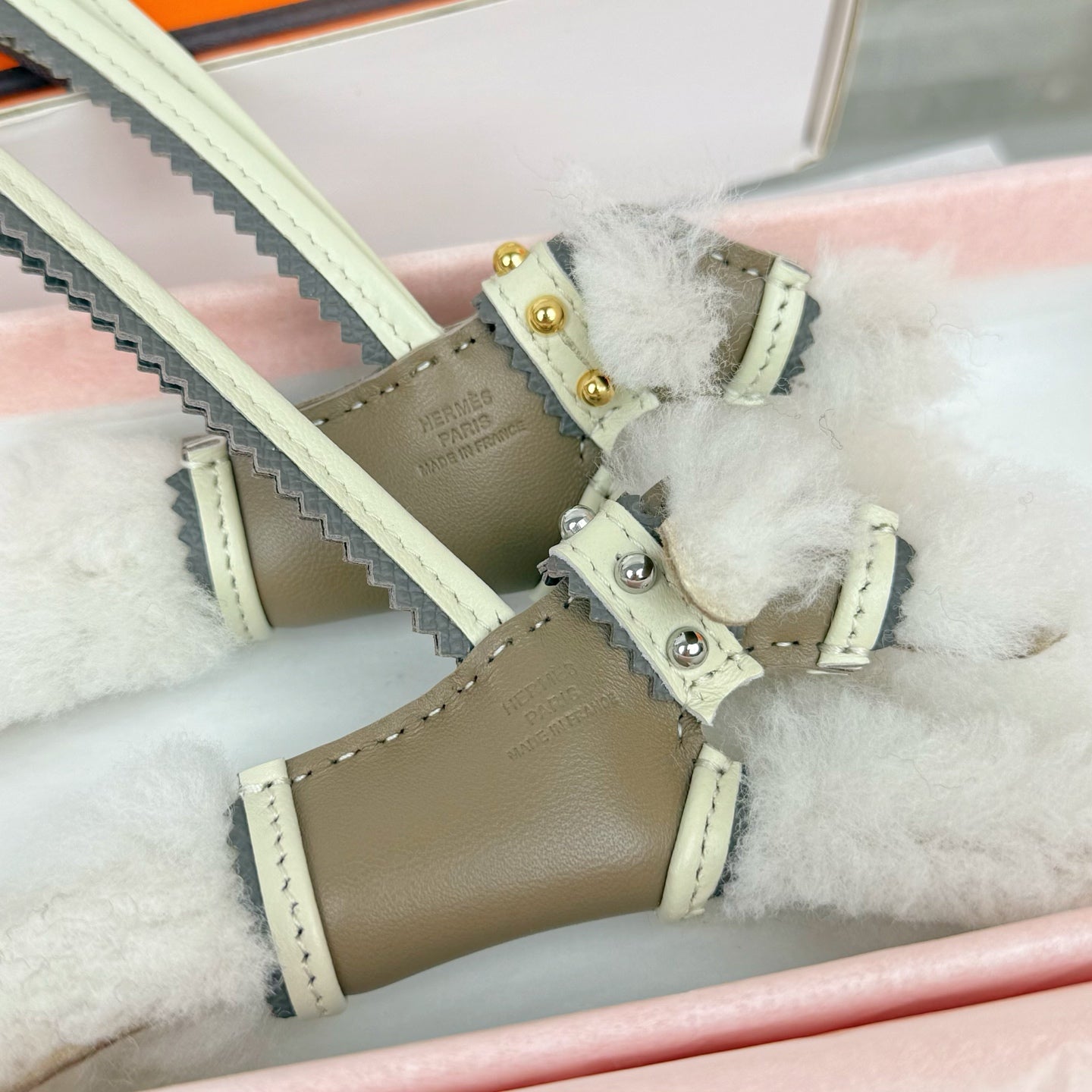 HM Budy Puppy Pendant Charm White Taupe Wool Cowhide