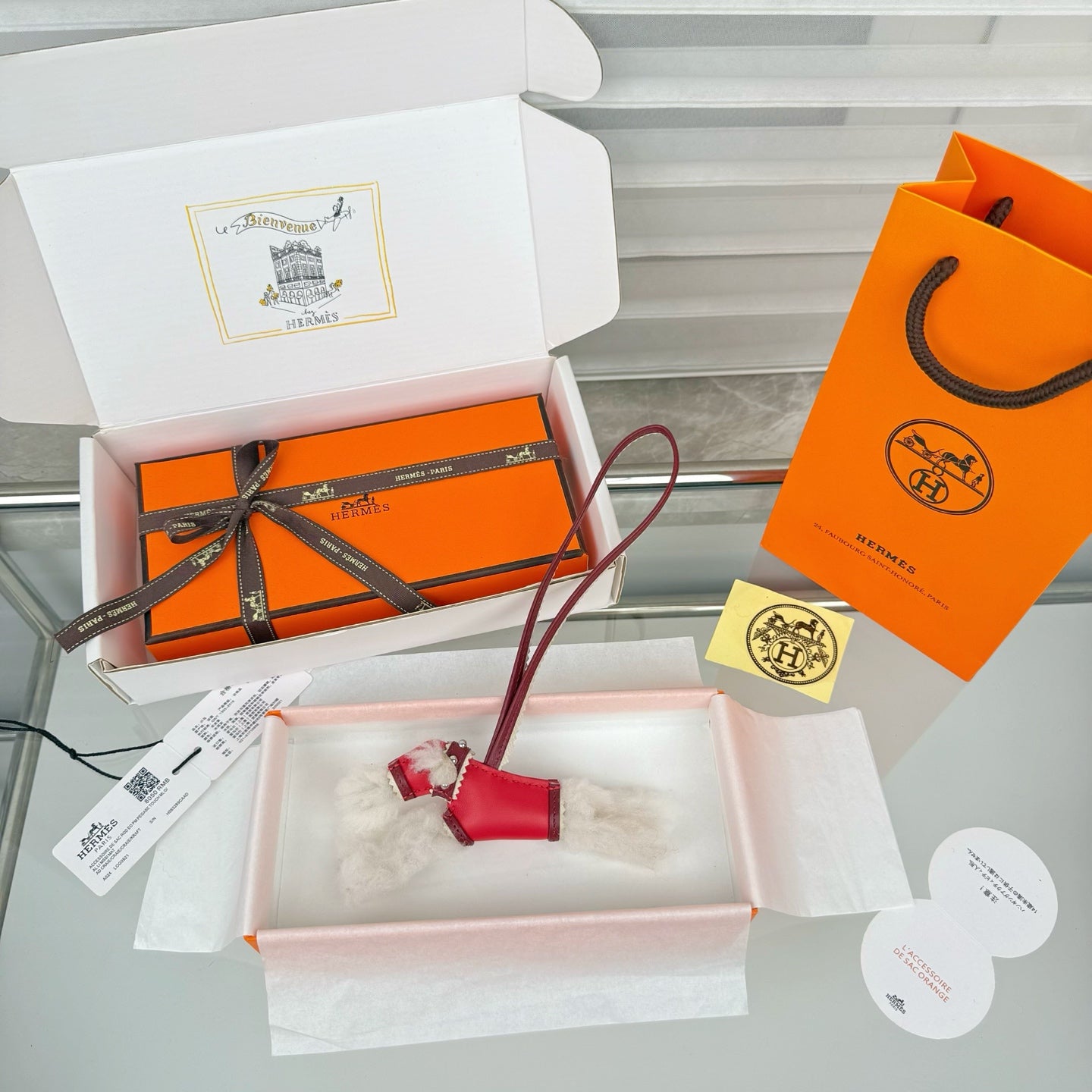 HM Budy Puppy Pendant Charm White Red Wool Cowhide