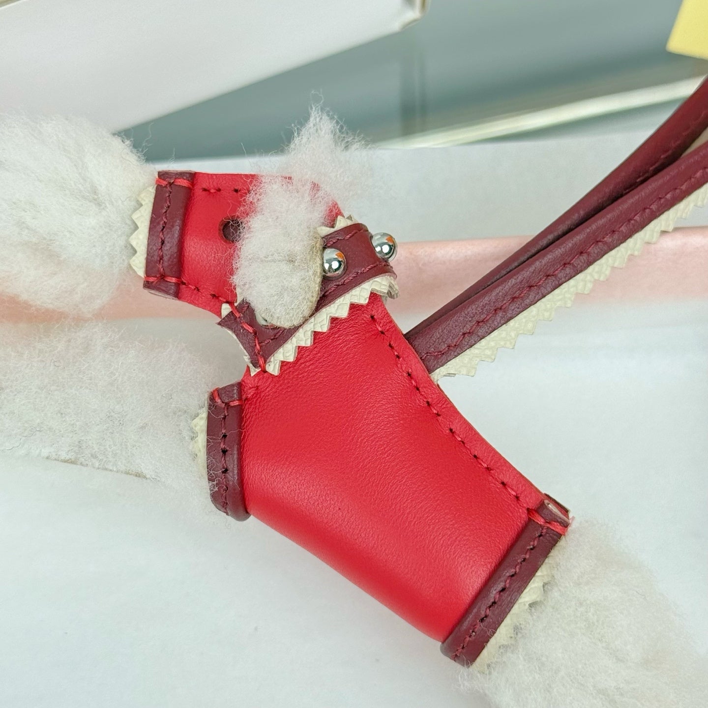 HM Budy Puppy Pendant Charm White Red Wool Cowhide