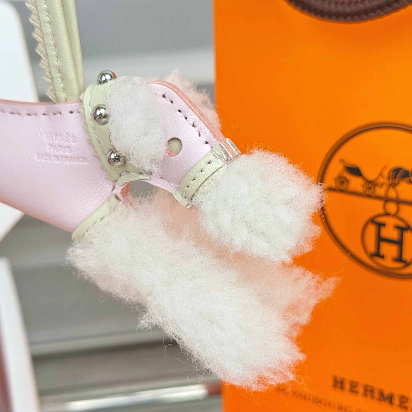 HM Budy Puppy Pendant Charm White Pink Wool Cowhide