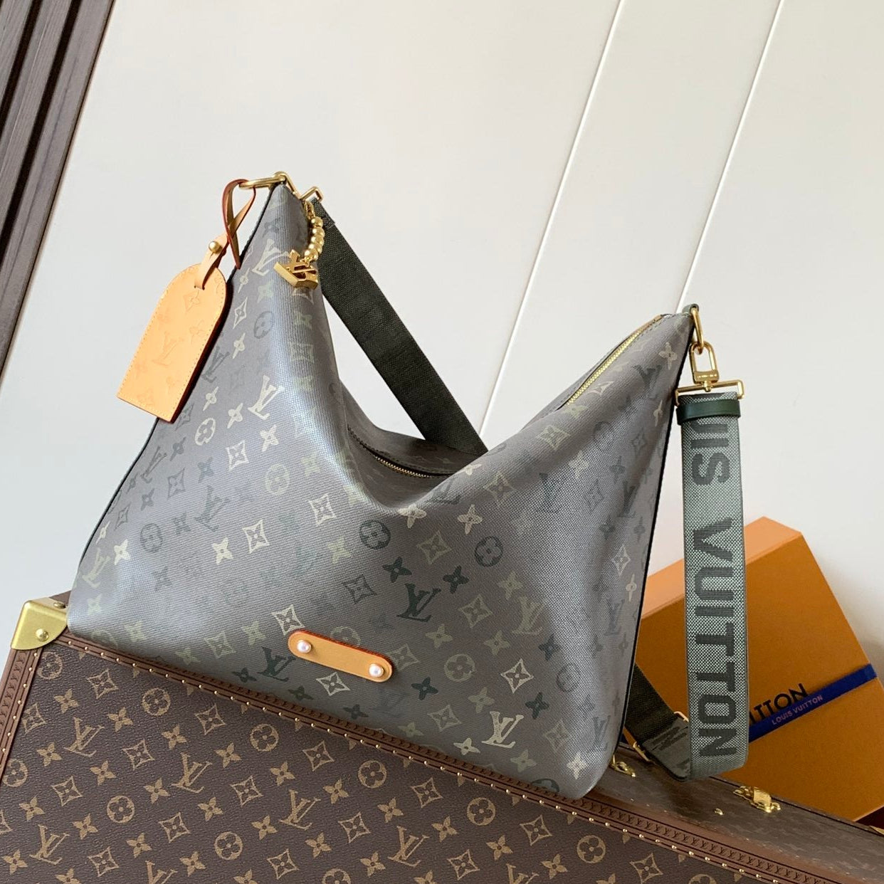 LV 2026 Vagabond Hobo Bag 48cm Grey Green Canvas Leather 281477
