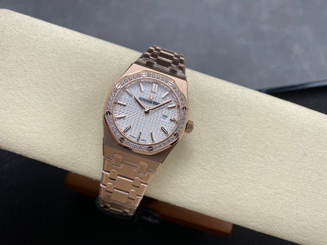 Audemars Piguet Royal Oak Lady 33mm Rose Gold White Dial Diamond Bezel