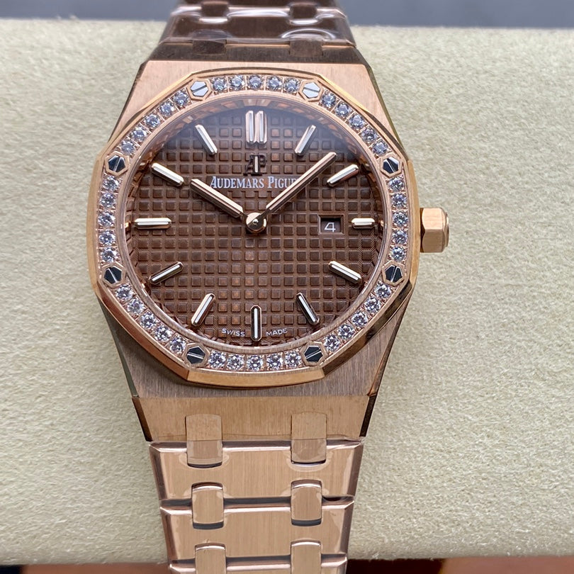Audemars Piguet Royal Oak Lady 33mm Rose Gold Brown Dial Diamond Bezel