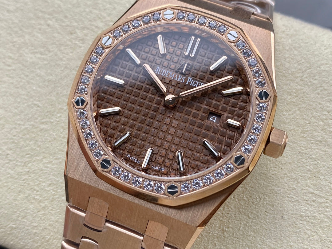 Audemars Piguet Royal Oak Lady 33mm Rose Gold Brown Dial Diamond Bezel