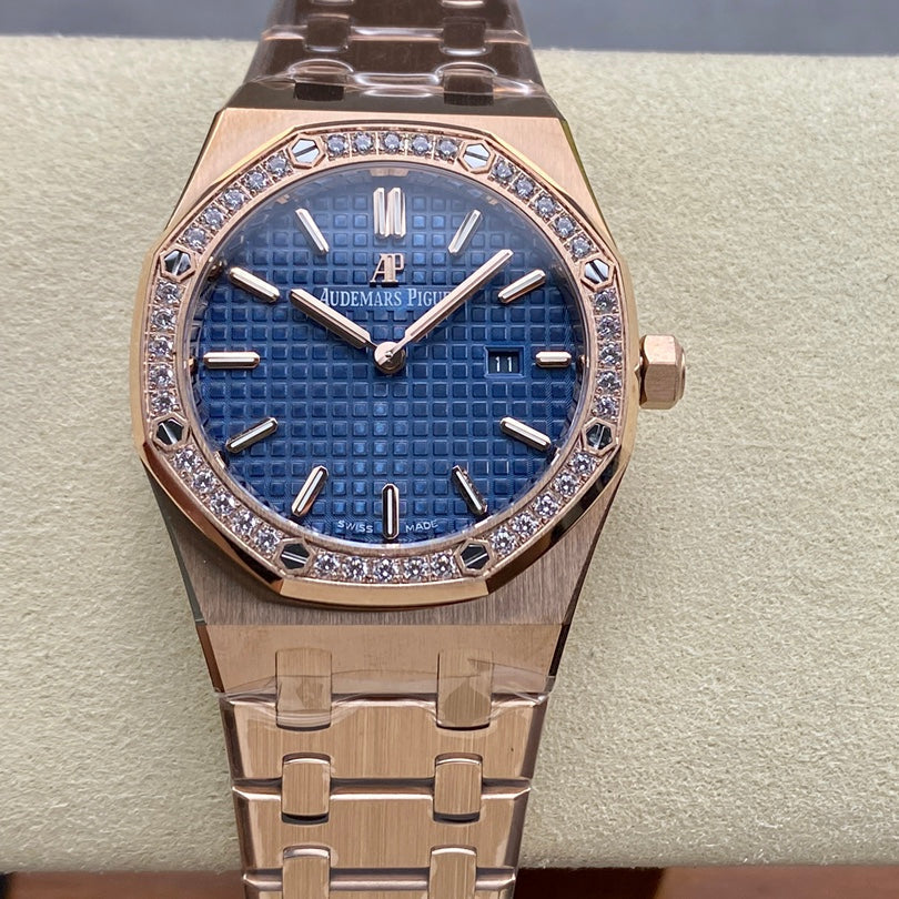 Audemars Piguet Royal Oak Lady 33mm Rose Gold Blue Dial Diamond Bezel
