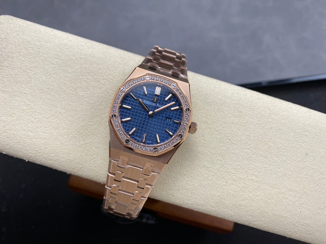 Audemars Piguet Royal Oak Lady 33mm Rose Gold Blue Dial Diamond Bezel