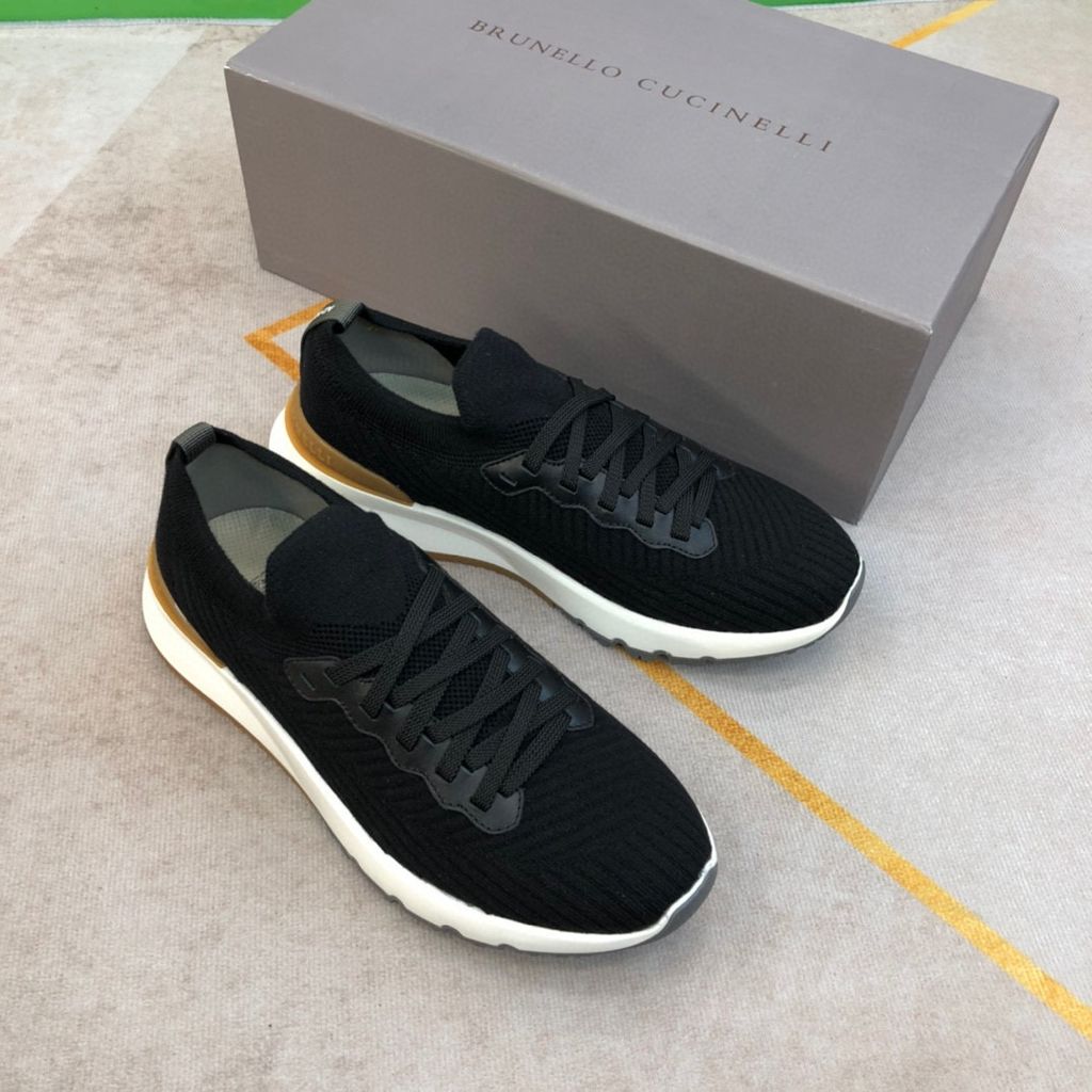 Brunello Cucinelli 2025 Low-top Knitted Sneakers Black Leather Fabric