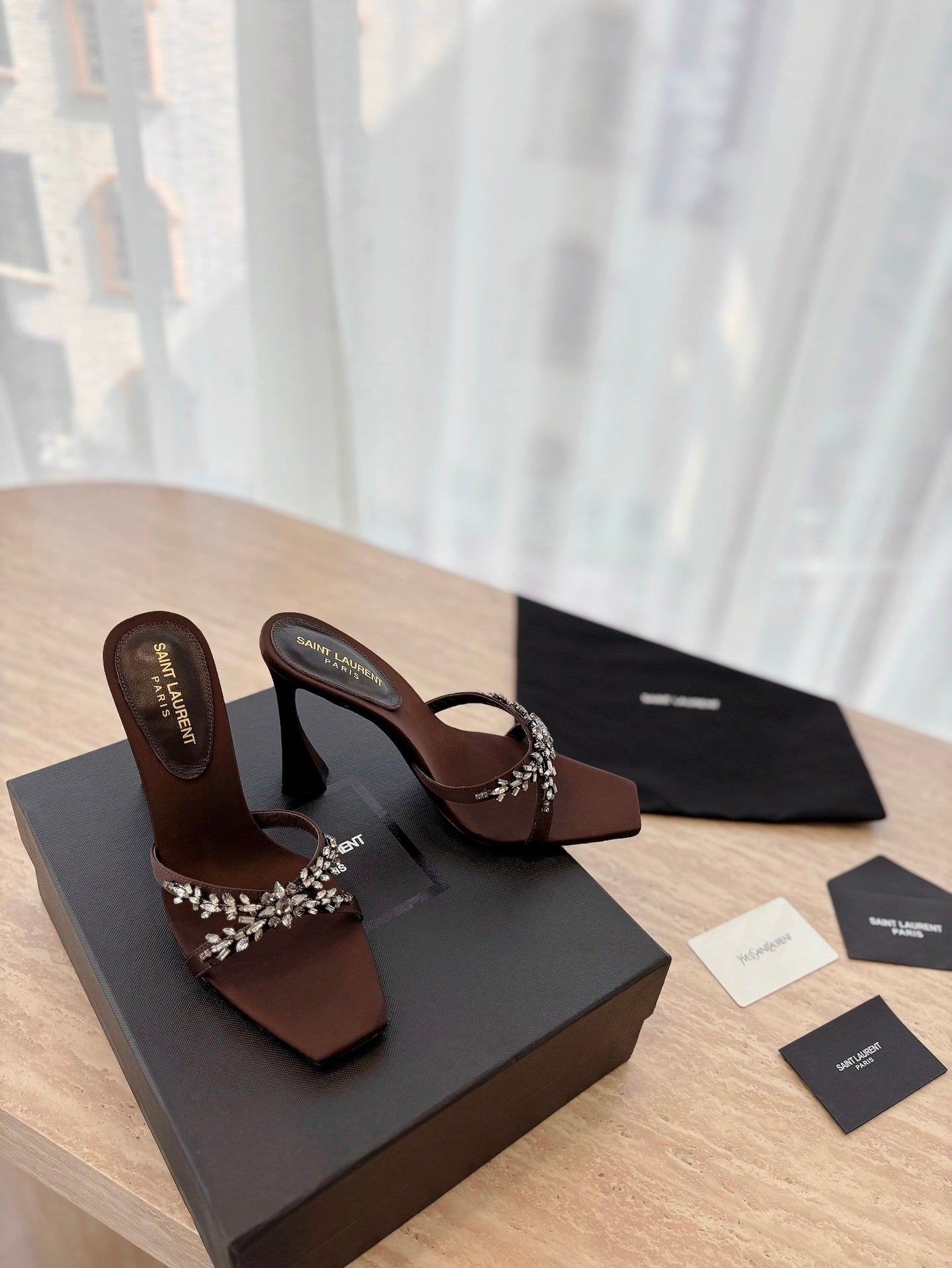 Saint Laurent 2025 Liz 110mm Sandal Brown Satin With Crystal Embellishments