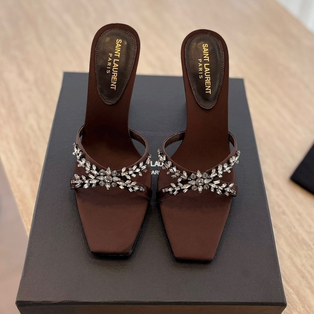 Saint Laurent 2025 Liz 110mm Sandal Brown Satin With Crystal Embellishments